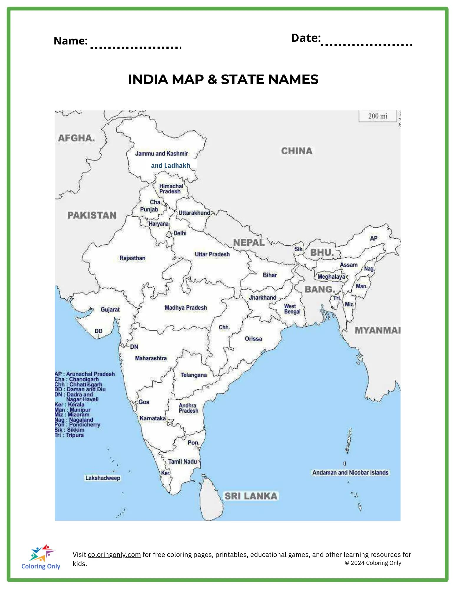 India Map & State Names Free Printable Worksheet