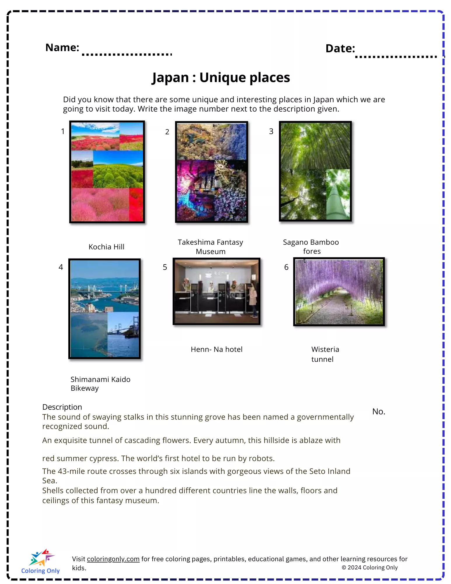 Japan : Unique places free Printable Worksheet