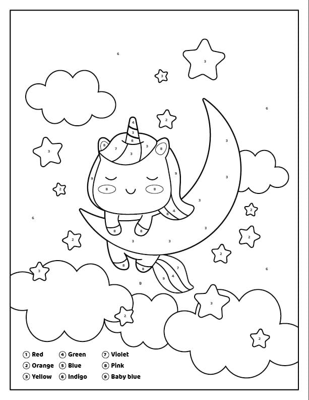 kawaii unicorn color by number coloring page free printable coloring pages for kids