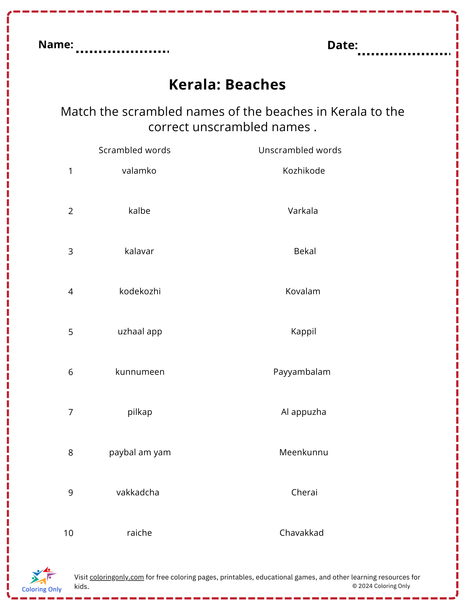 Kerala: Beaches free Printable Worksheet