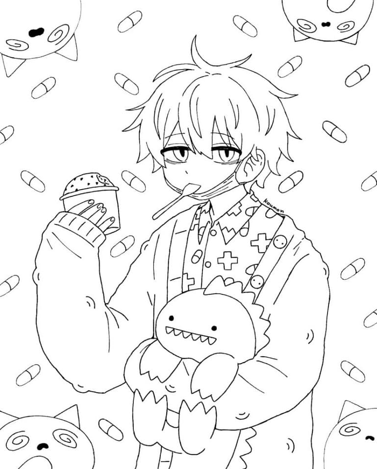 Lazy Anime Boy Coloring Page - Free Printable Coloring Pages for Kids