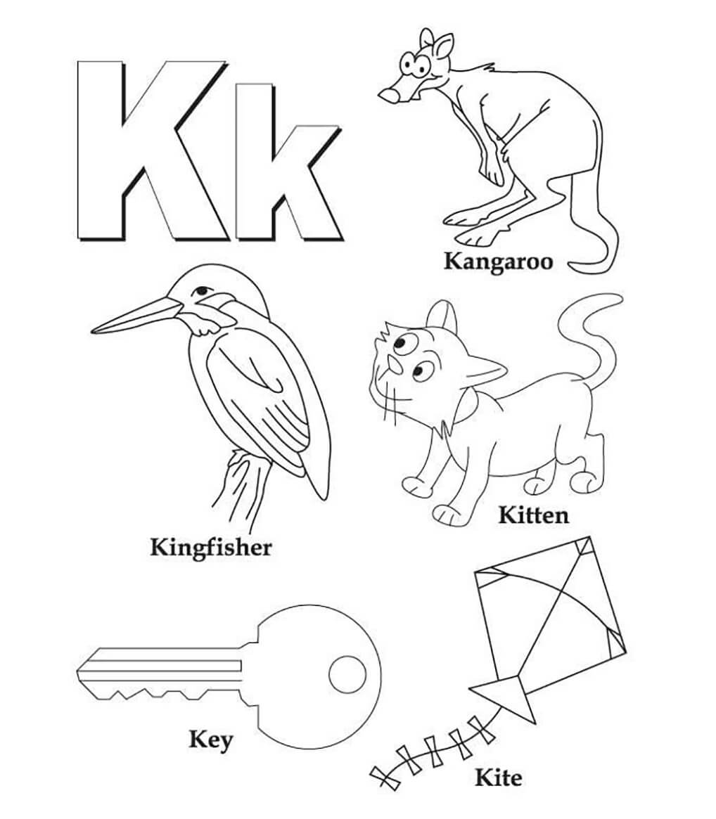 Letter K Key Kite Kitten Kangaroo Coloring Page Free Printable