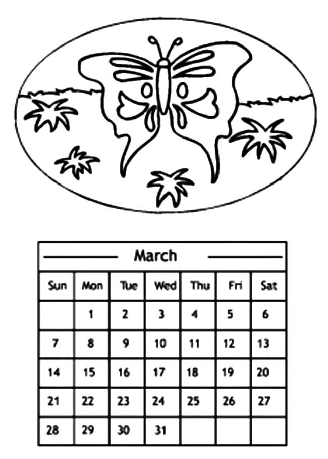 March Calendar with a Butterfly