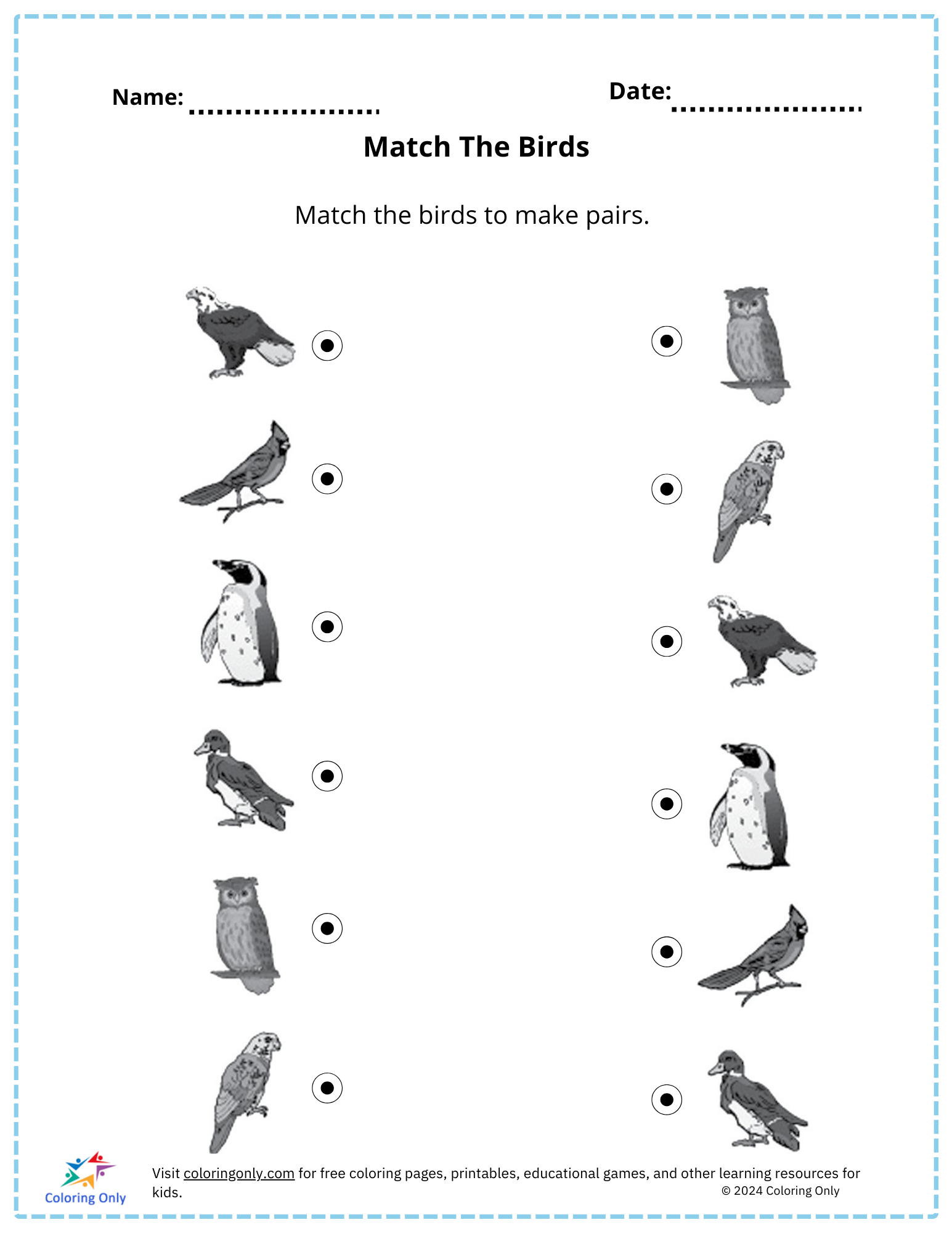 Match The Birds Kostenloses druckbares Arbeitsblatt