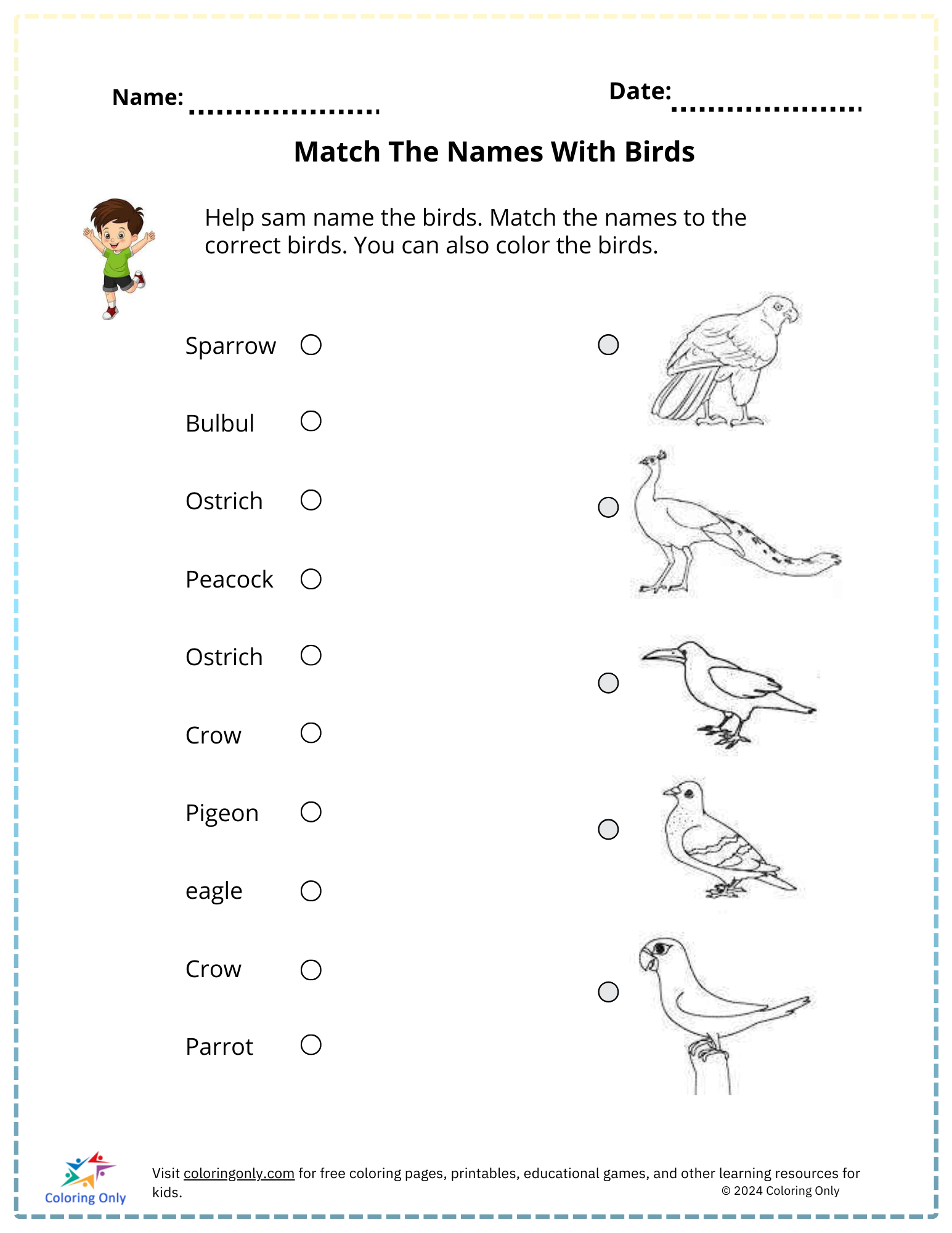 Ordnen Sie die Namen mit Vögeln ab Kostenloses druckbares Arbeitsblatt