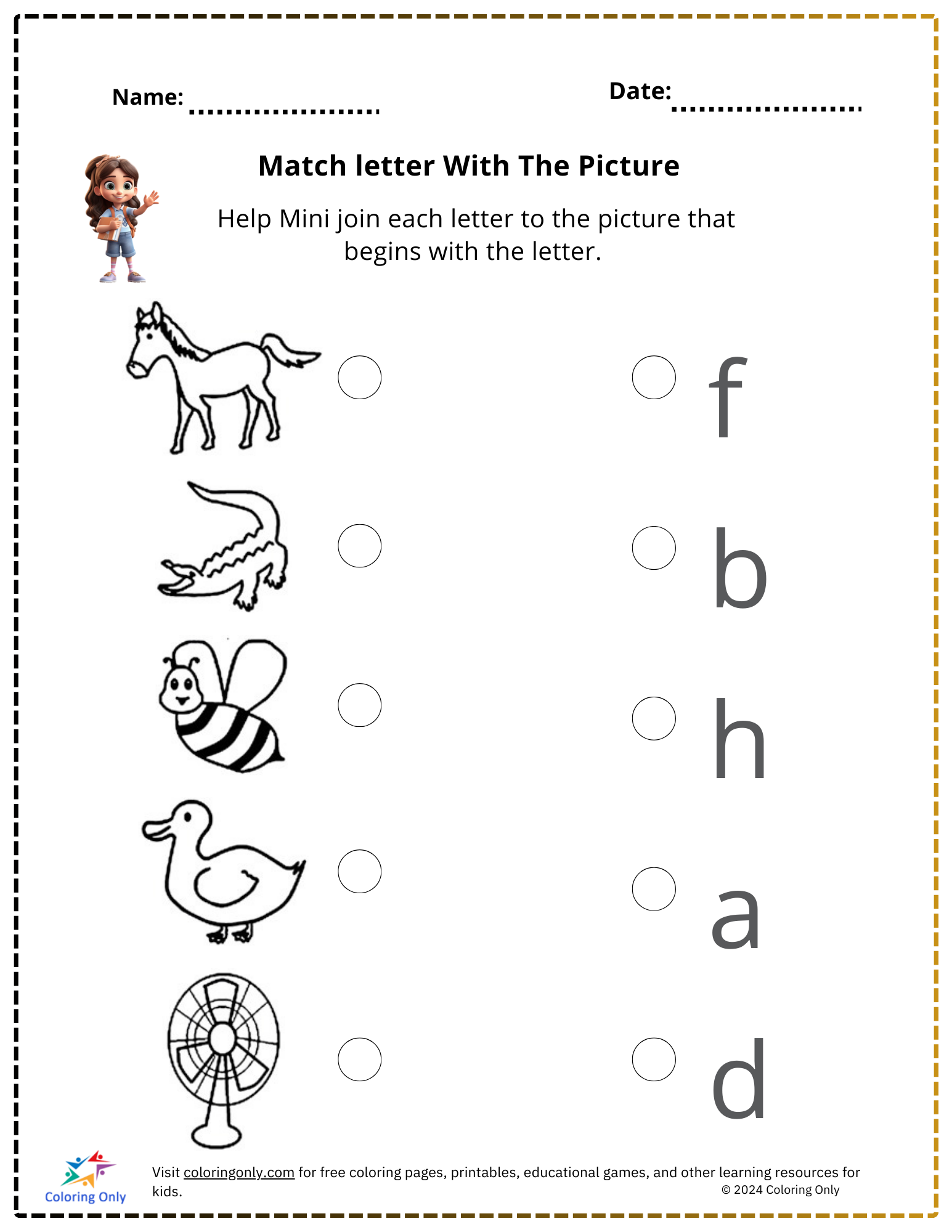 Match letter With The Picture Free Printable Worksheet