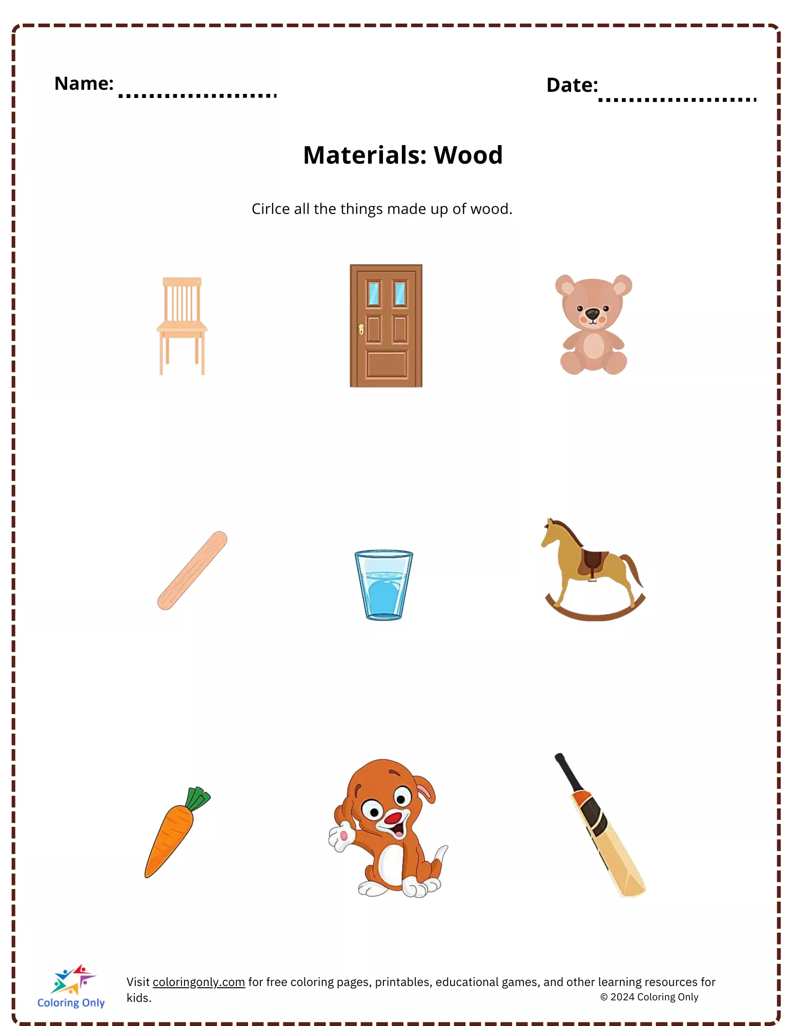 Materials: Wood free Printable Worksheet