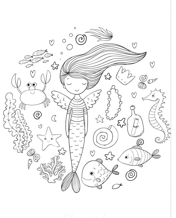Mermaid and Sea Animals Coloring Page - Free Printable Coloring Pages for  Kids