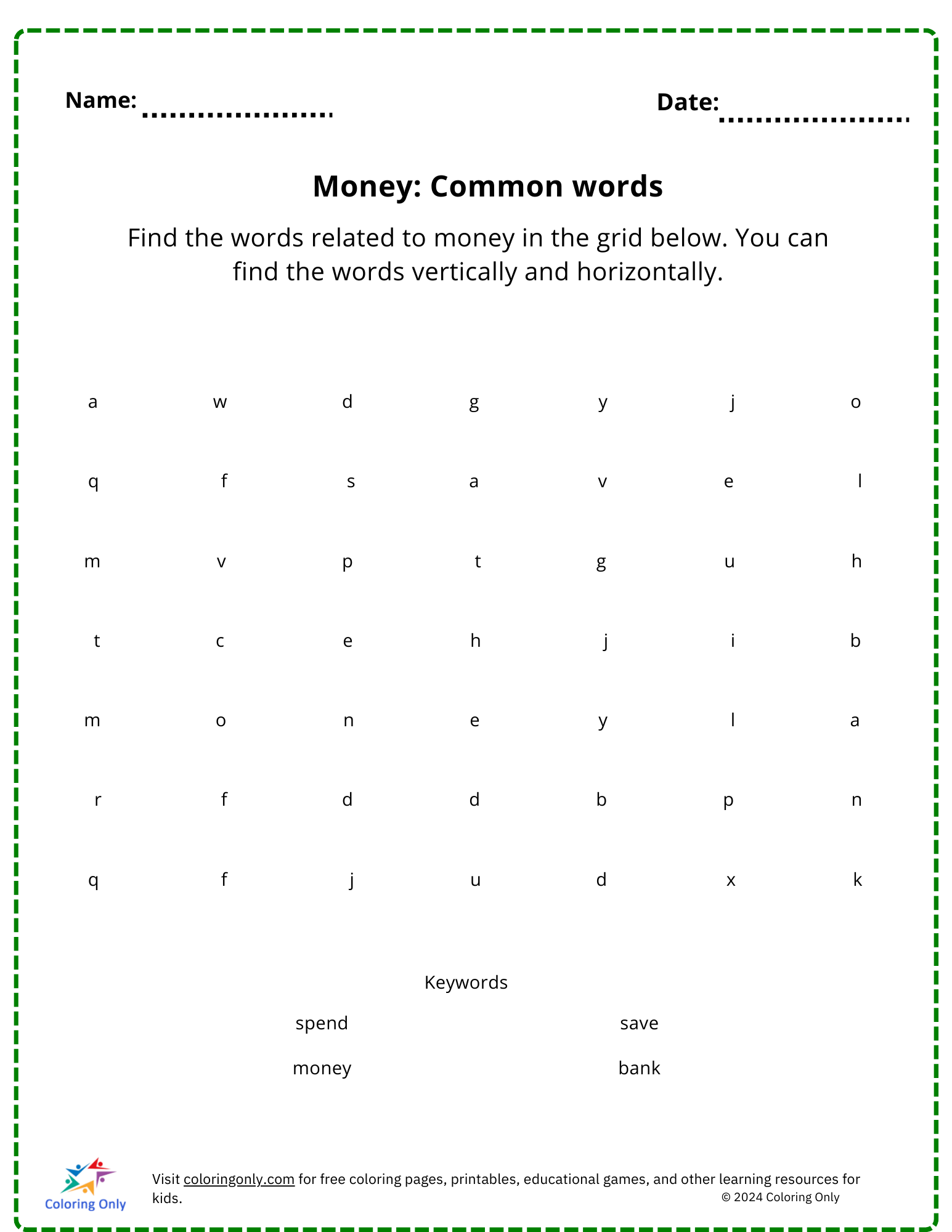 Money: Common words free Printable Worksheet