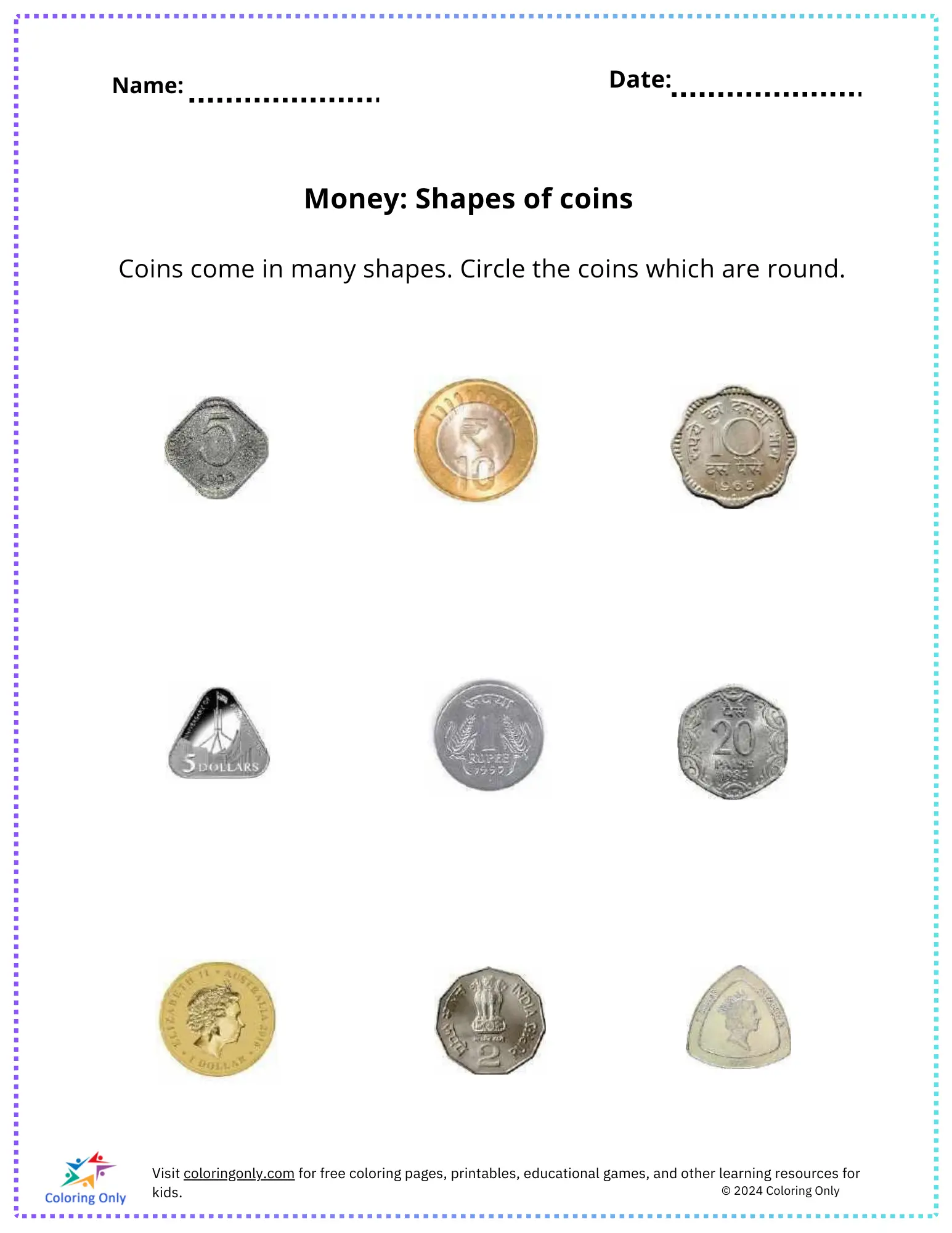 Money: Shapes Of Coins Free Printable Worksheet