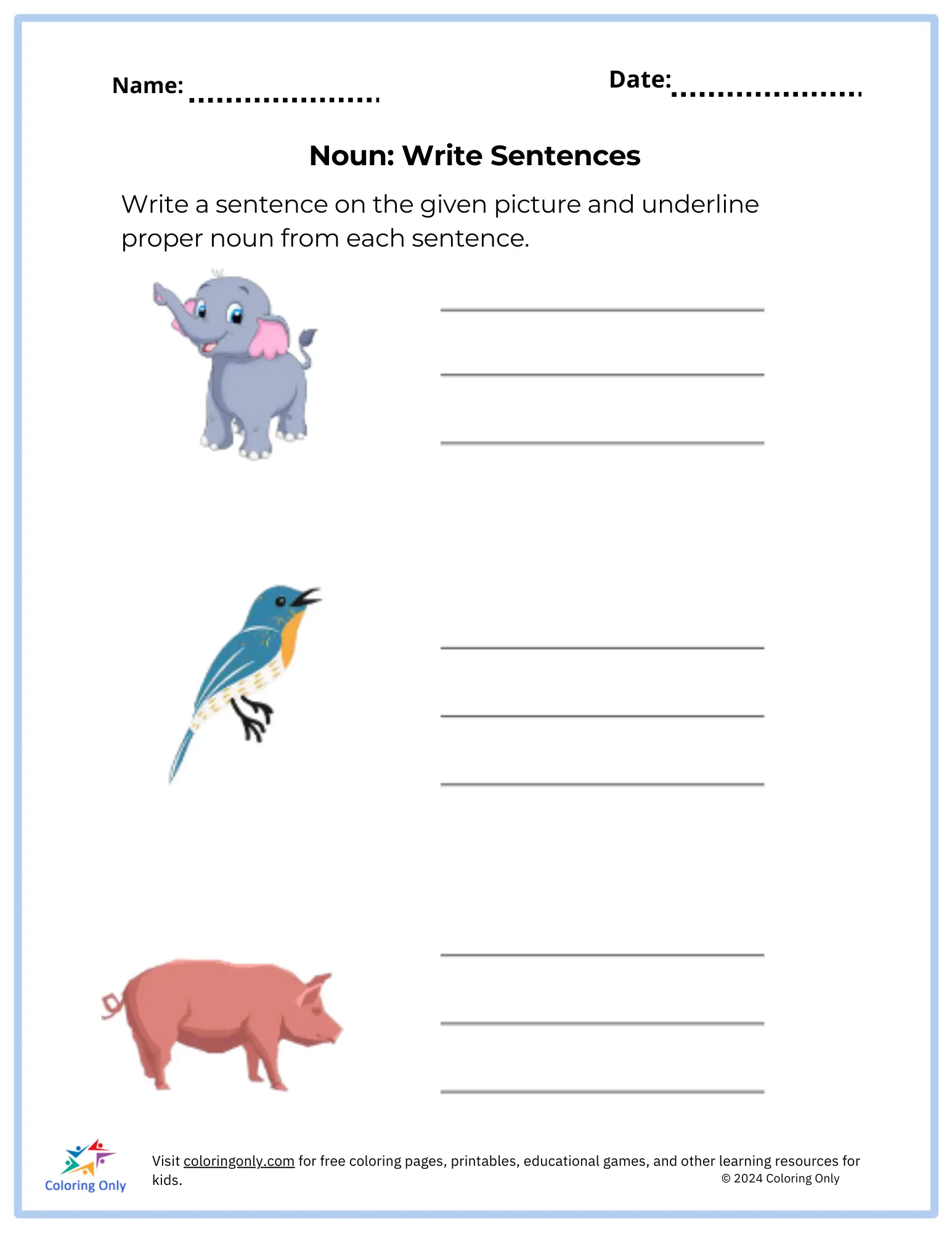Noun: Write Sentences Free Printable Worksheet