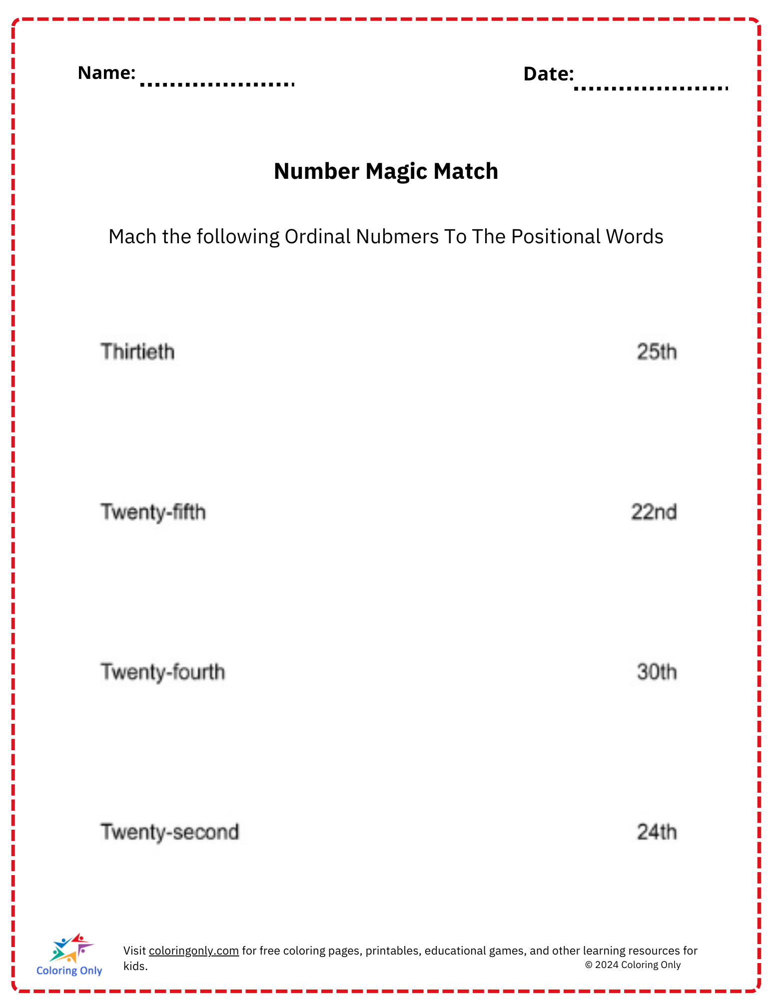 Number Magic Match Words Free Printable Worksheet