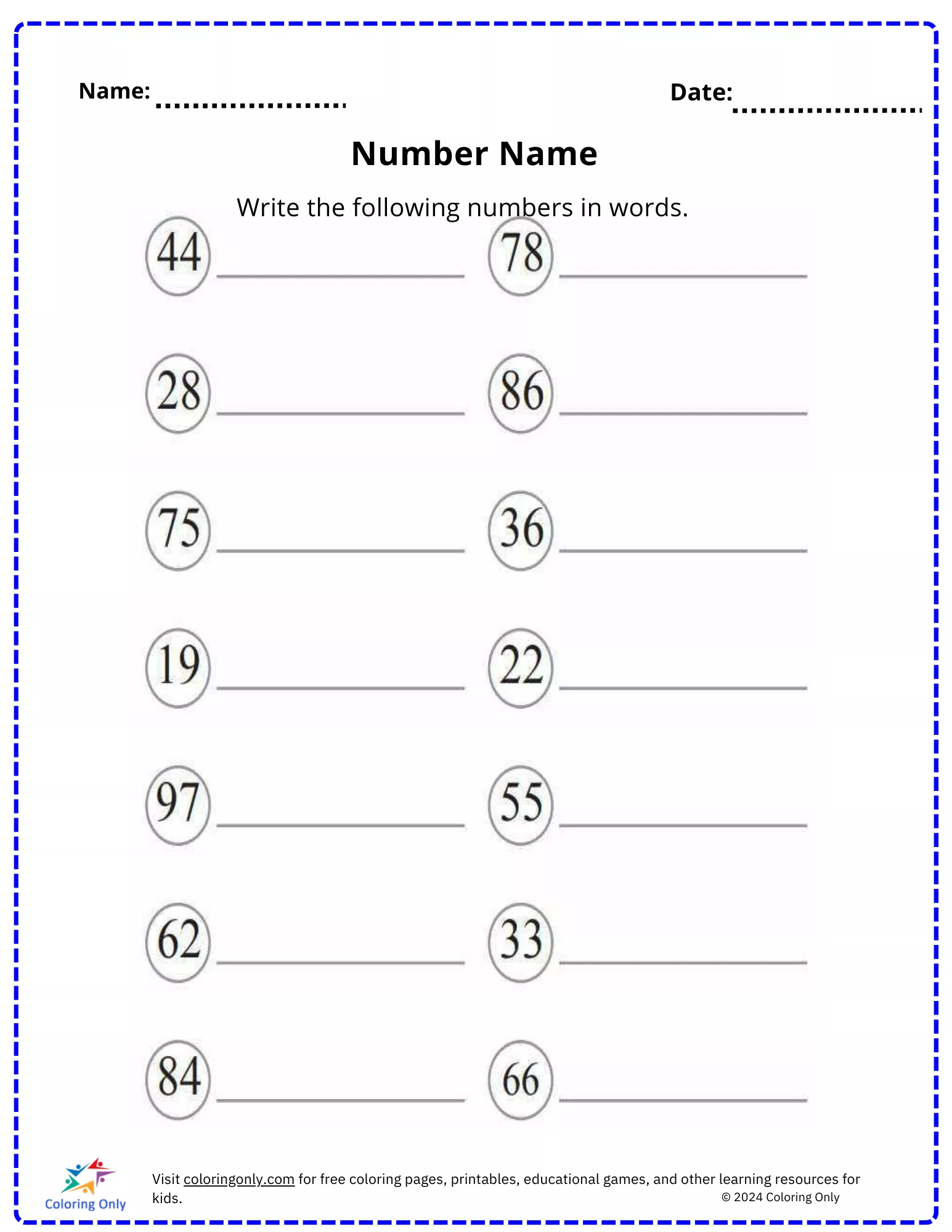Number Name : free Printable Worksheet