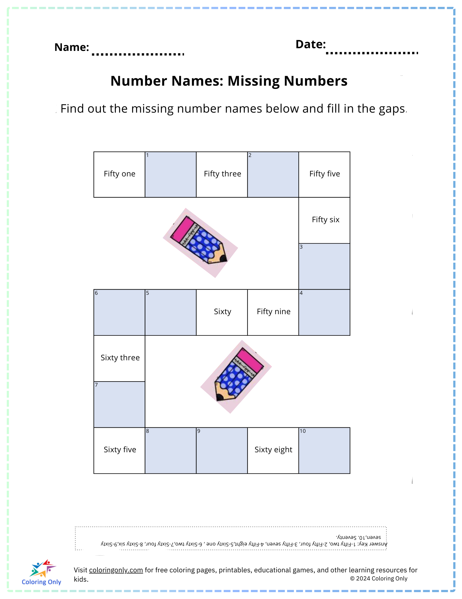Number Names: Missing Numbers Free Printable Worksheet
