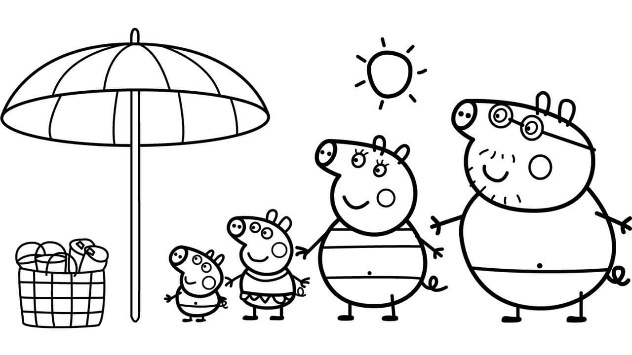 Peppa Pig Family on the Beach Coloring Page   Free Printable ...
