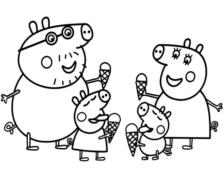 Peppa Pig Family with Ice Cream Coloring Page - Free Printable Coloring