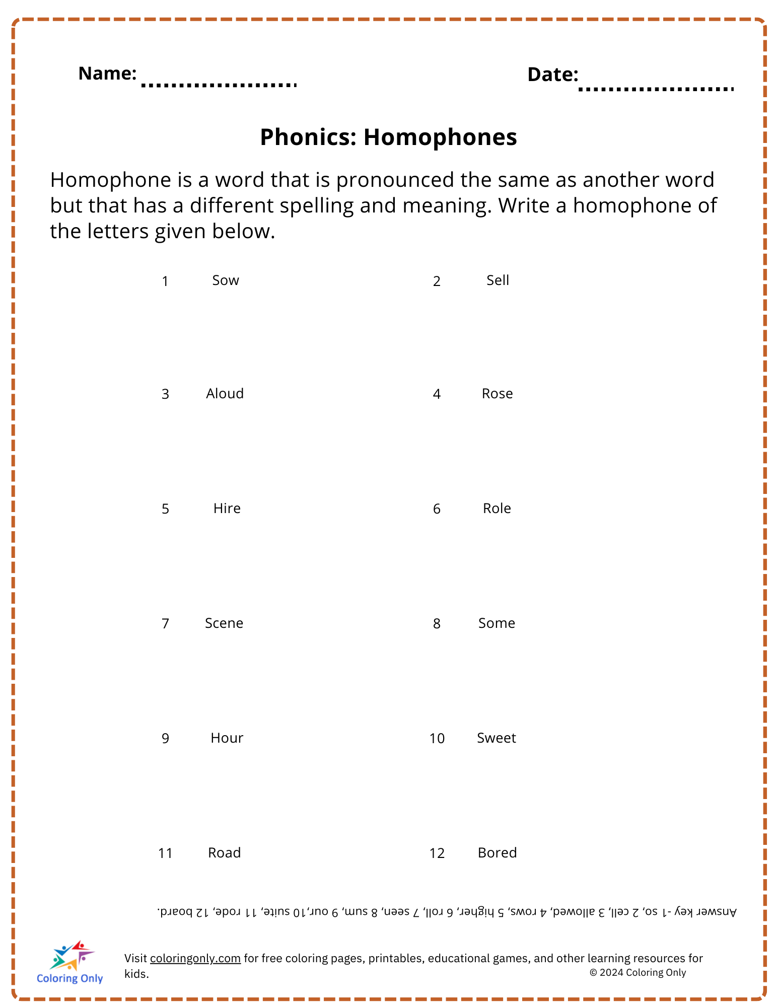 Phonics: Homophones Free Printable Worksheet