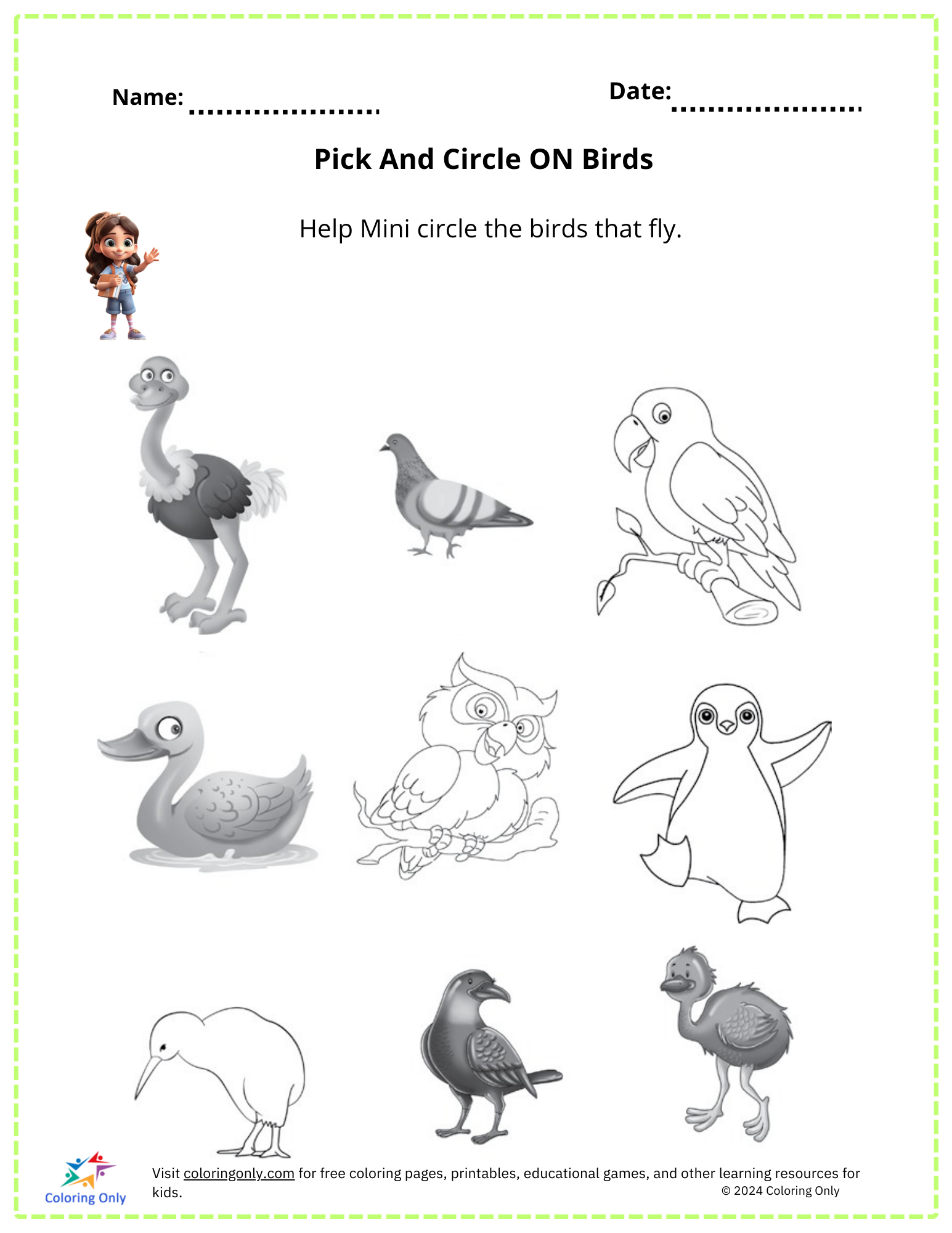 Pick And Circle ON Vögel Kostenloses druckbares Arbeitsblatt