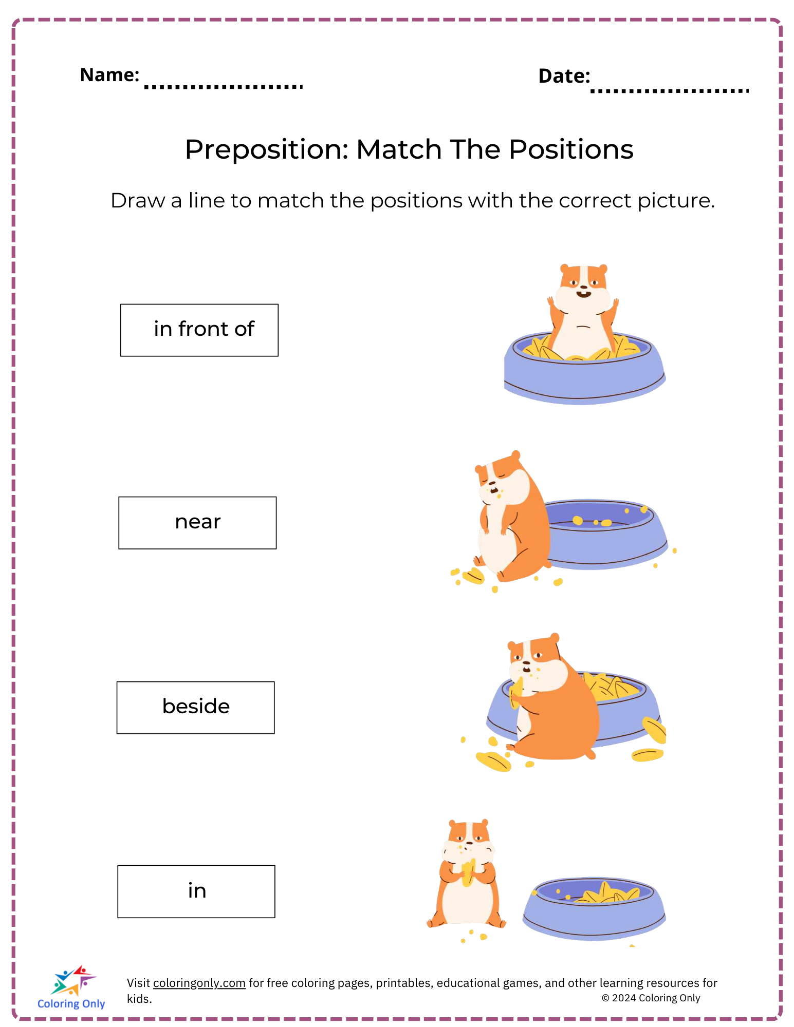 Preposition: Match The Positions Free Printable Worksheet