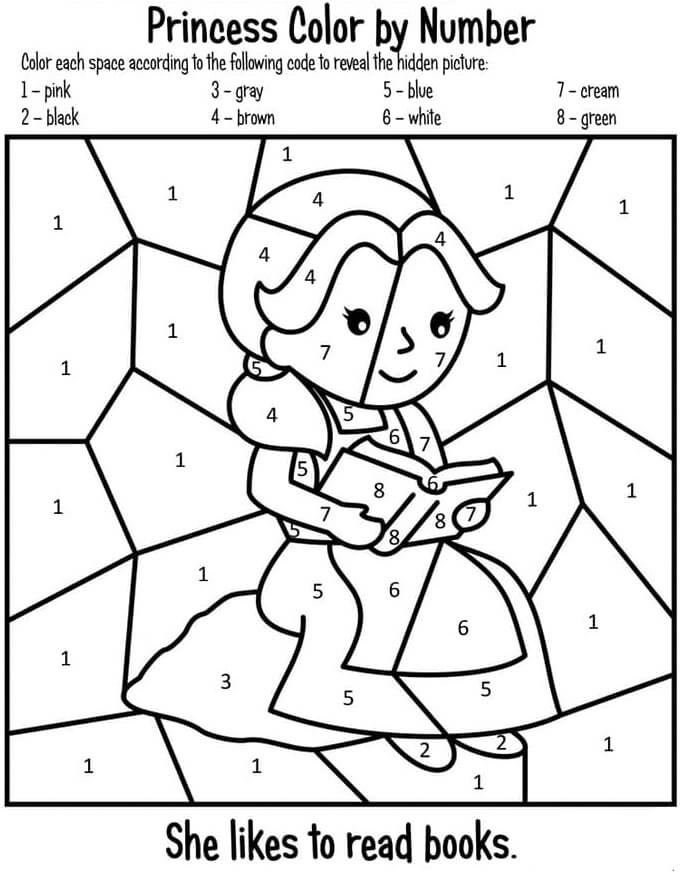 Princess Reading Book Color by Number