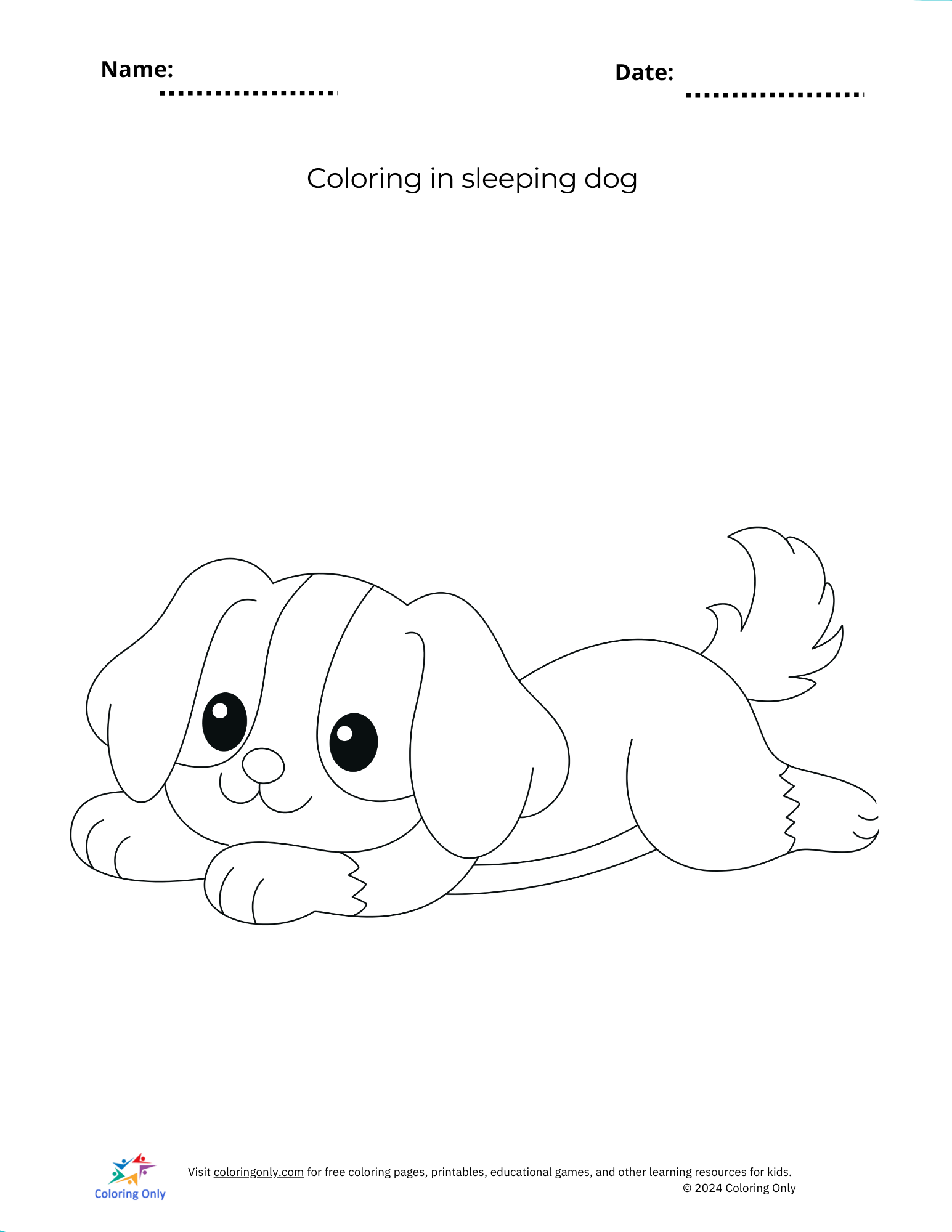 Coloring in Sleeping Dog Free Printable Worksheet