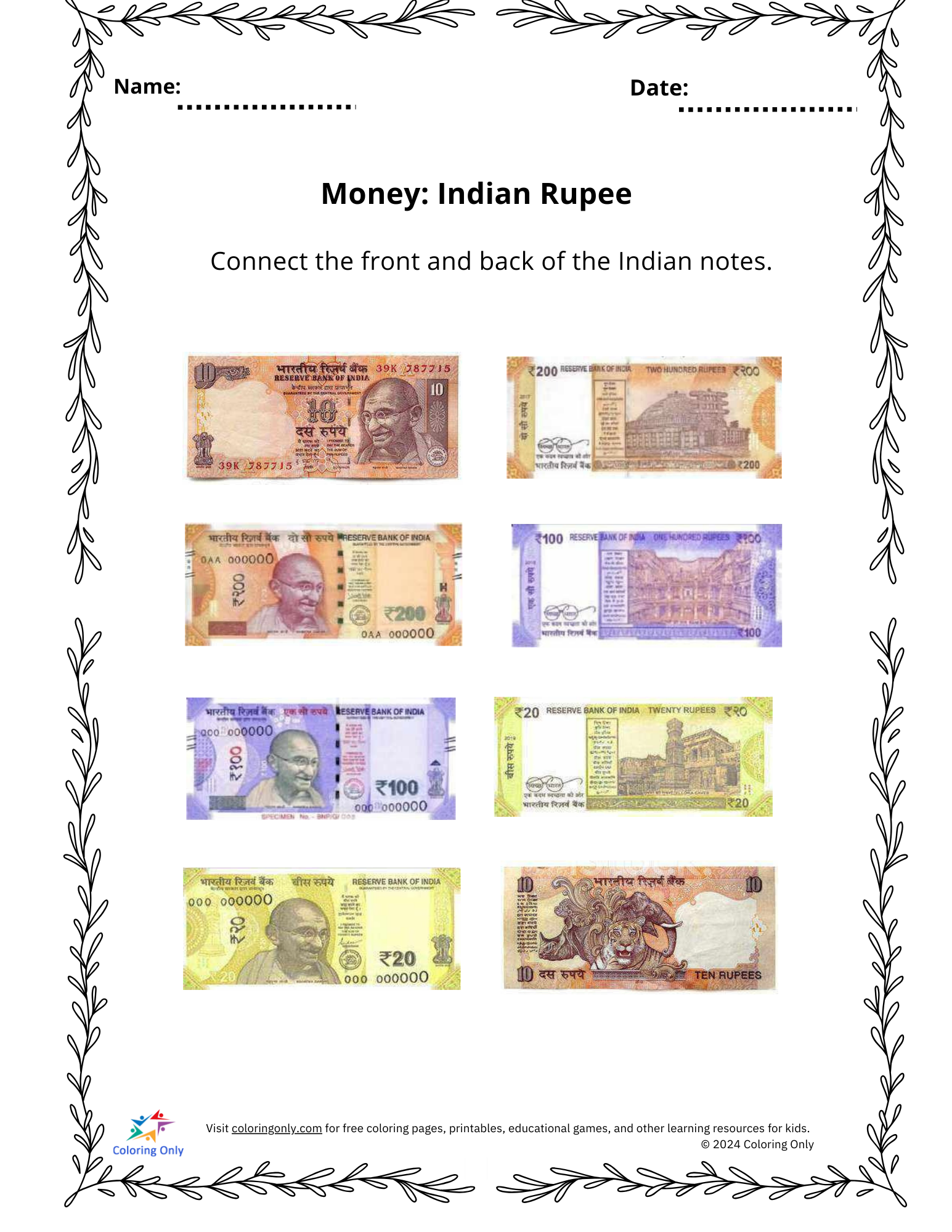 Money: Indian Rupees Free Printable Worksheet