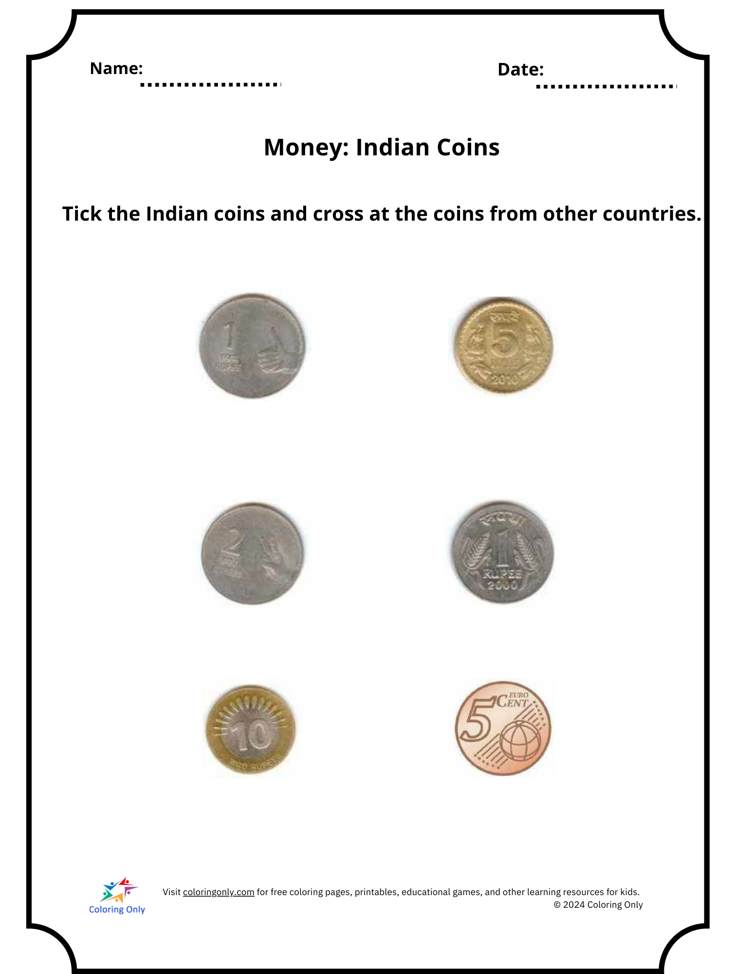 Money: Indian Coins Free Printable Worksheet