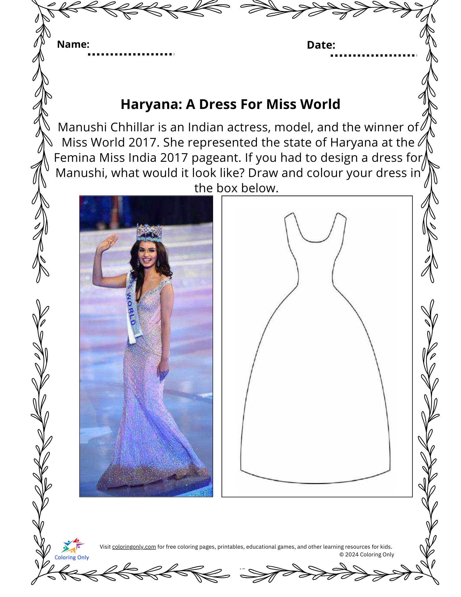 Haryana: A Dress For Miss World Free Printable Worksheet