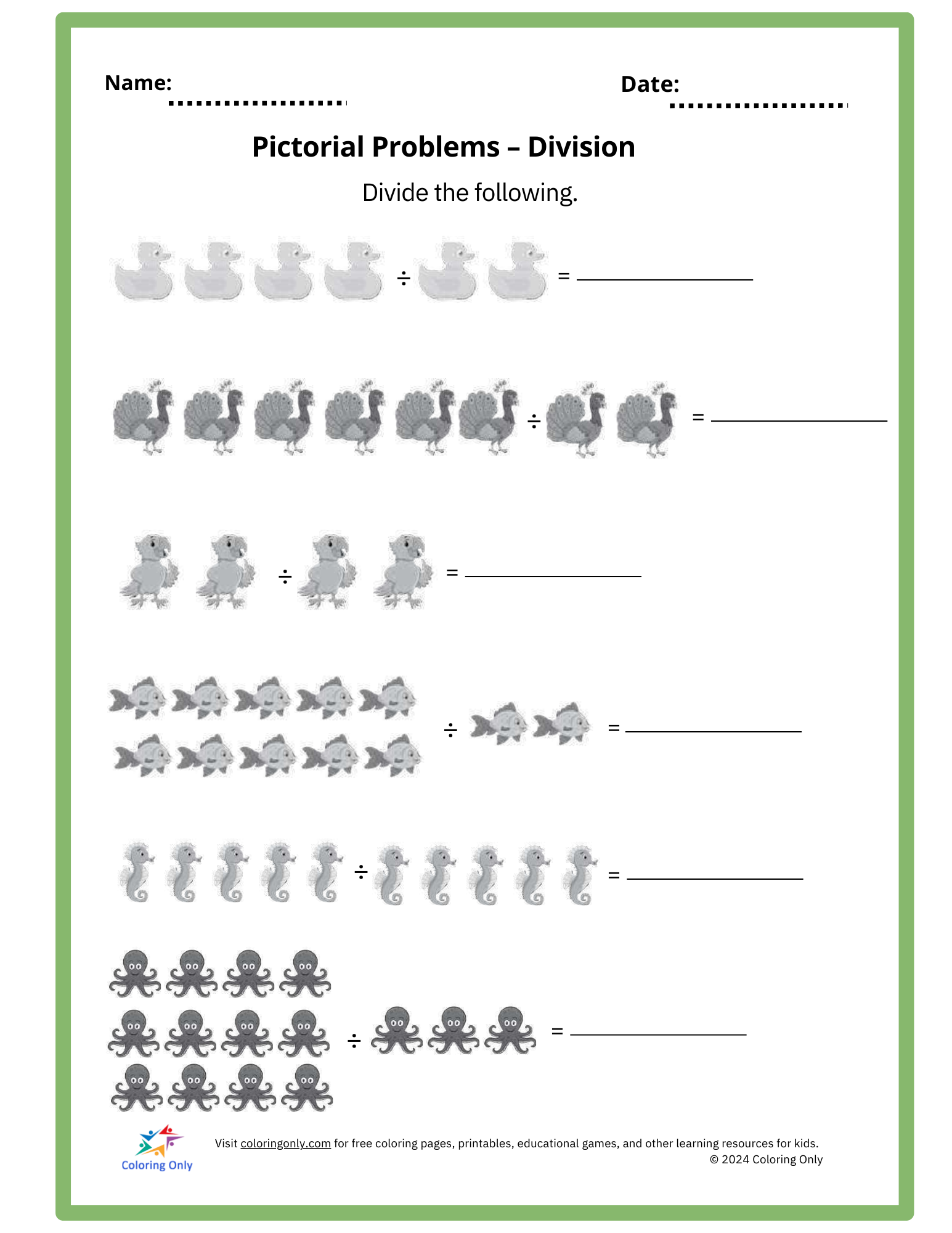 Pictorial Problems – Division Free Printable Worksheet