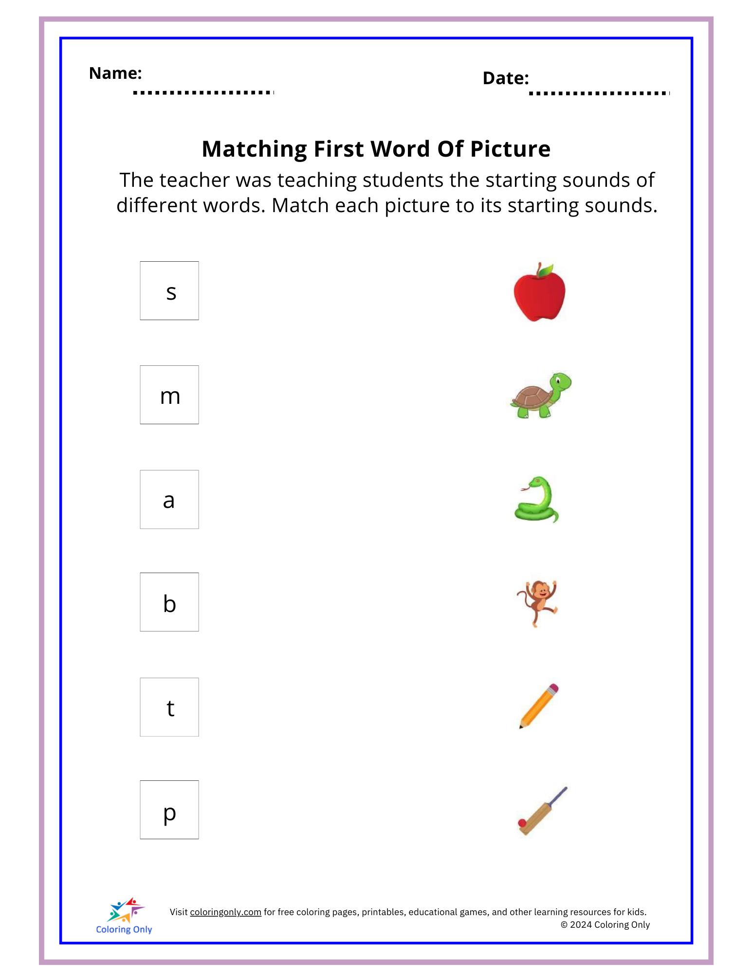 Matching First Word Of Picture Free Printable Worksheet