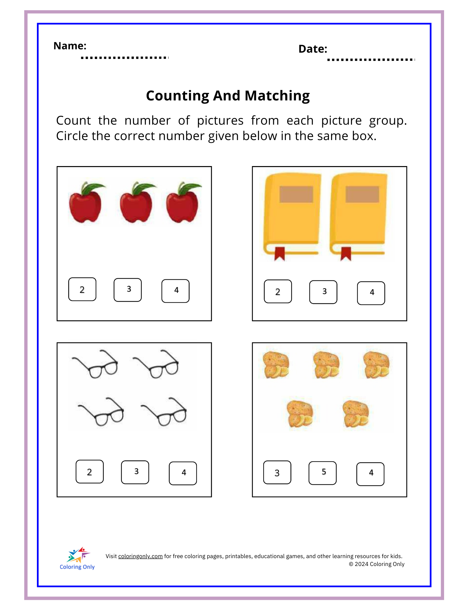 Counting And Matching Free Printable Worksheet