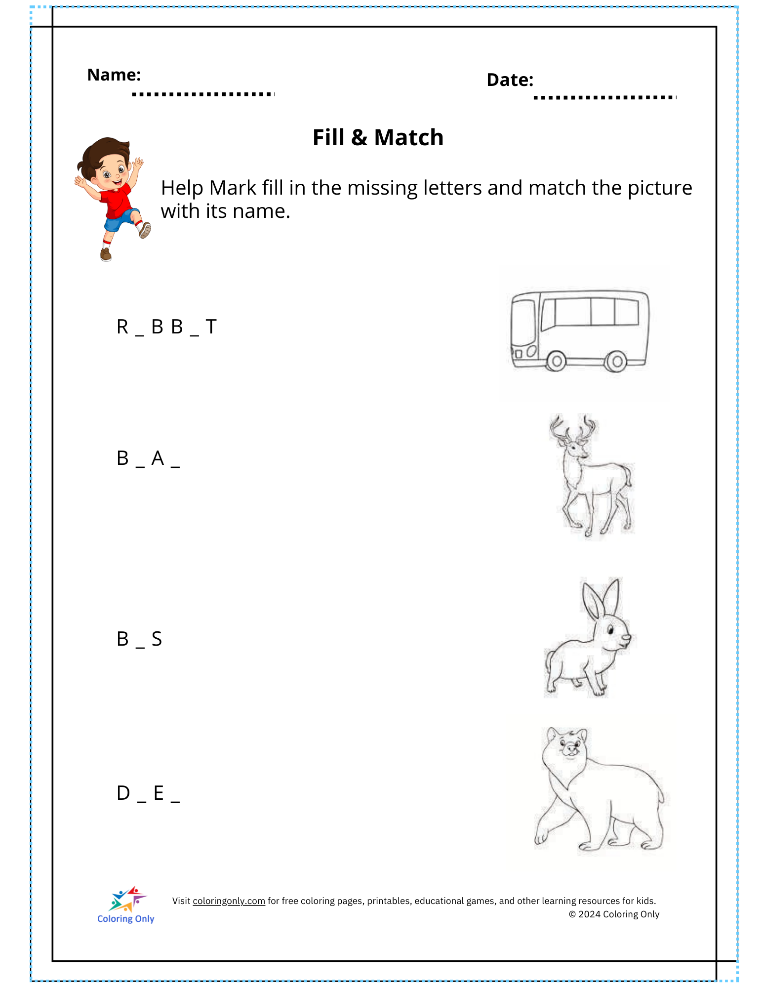 Fill & Match Free Printable Worksheet