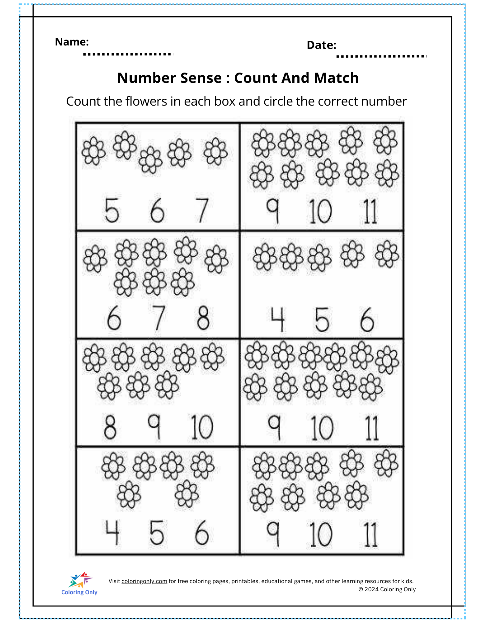 Number Sense: Count And Match Free Printable Worksheet