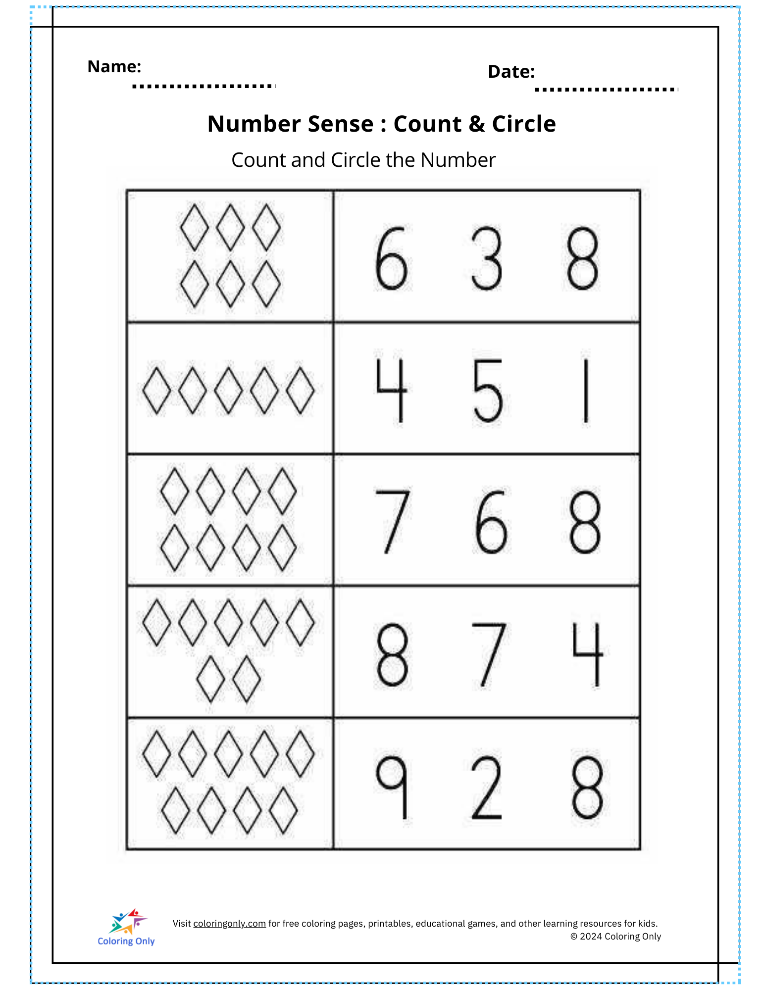 Number Sense: Count & Circle Free Printable Worksheet