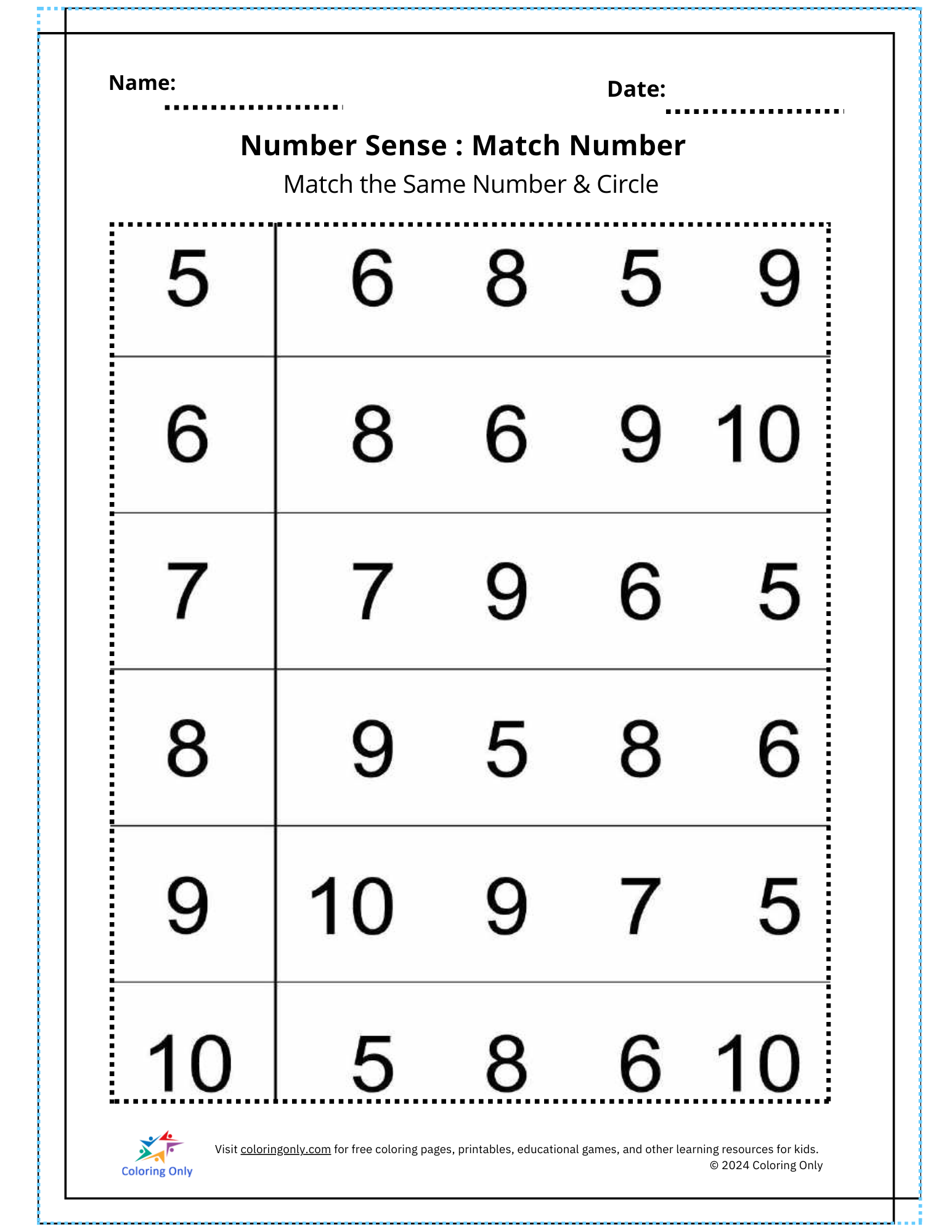 Number Sense: Match Number Free Printable Worksheet