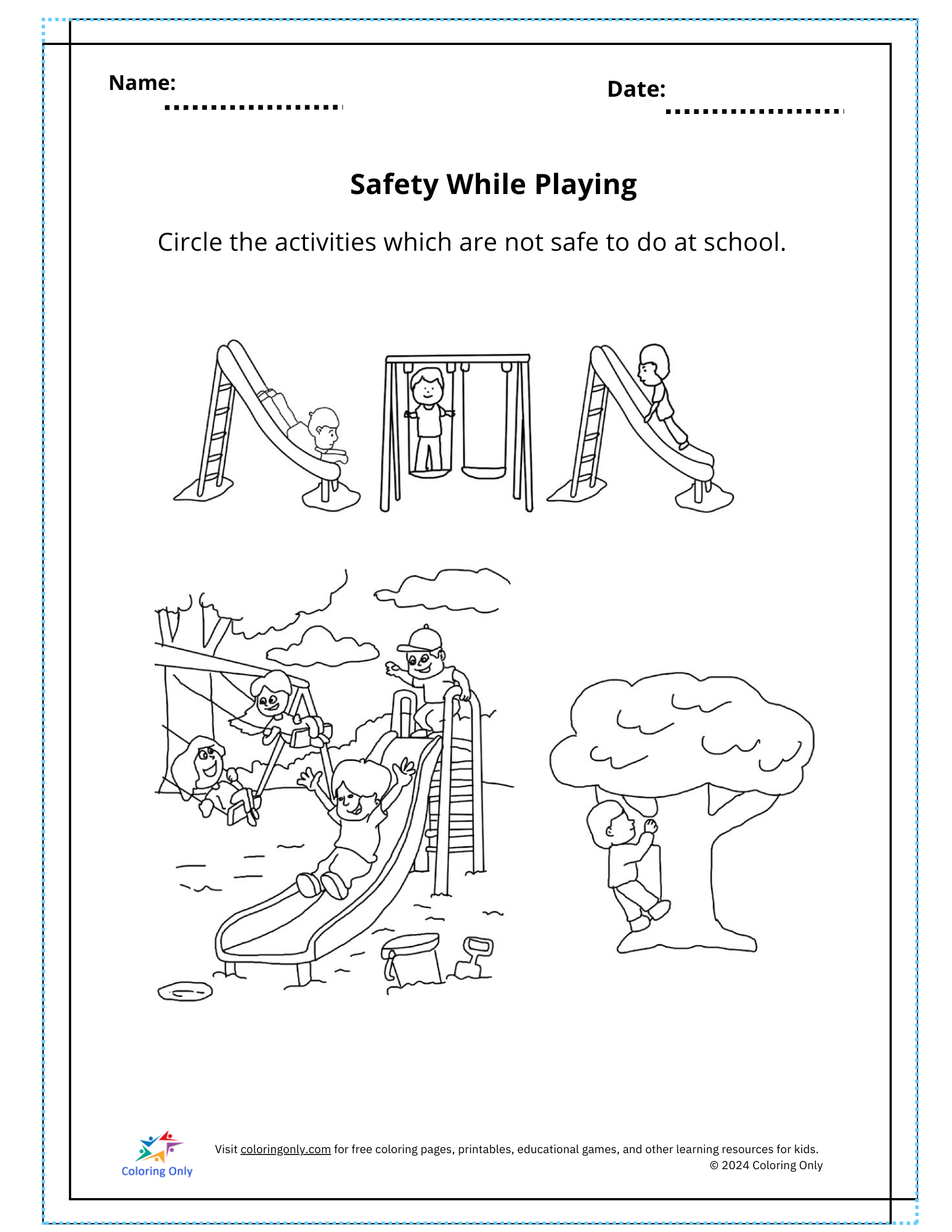 Safety While Playing Free Printable Worksheet