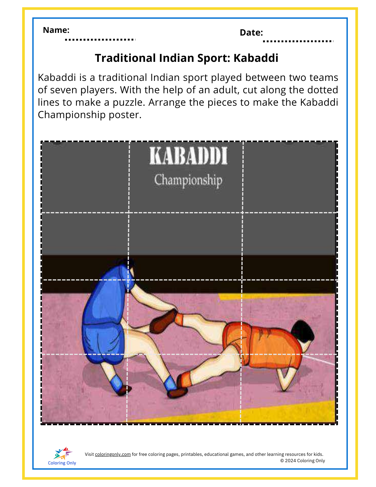 Traditional Indian Sport: Kabaddi Free Printable Worksheet