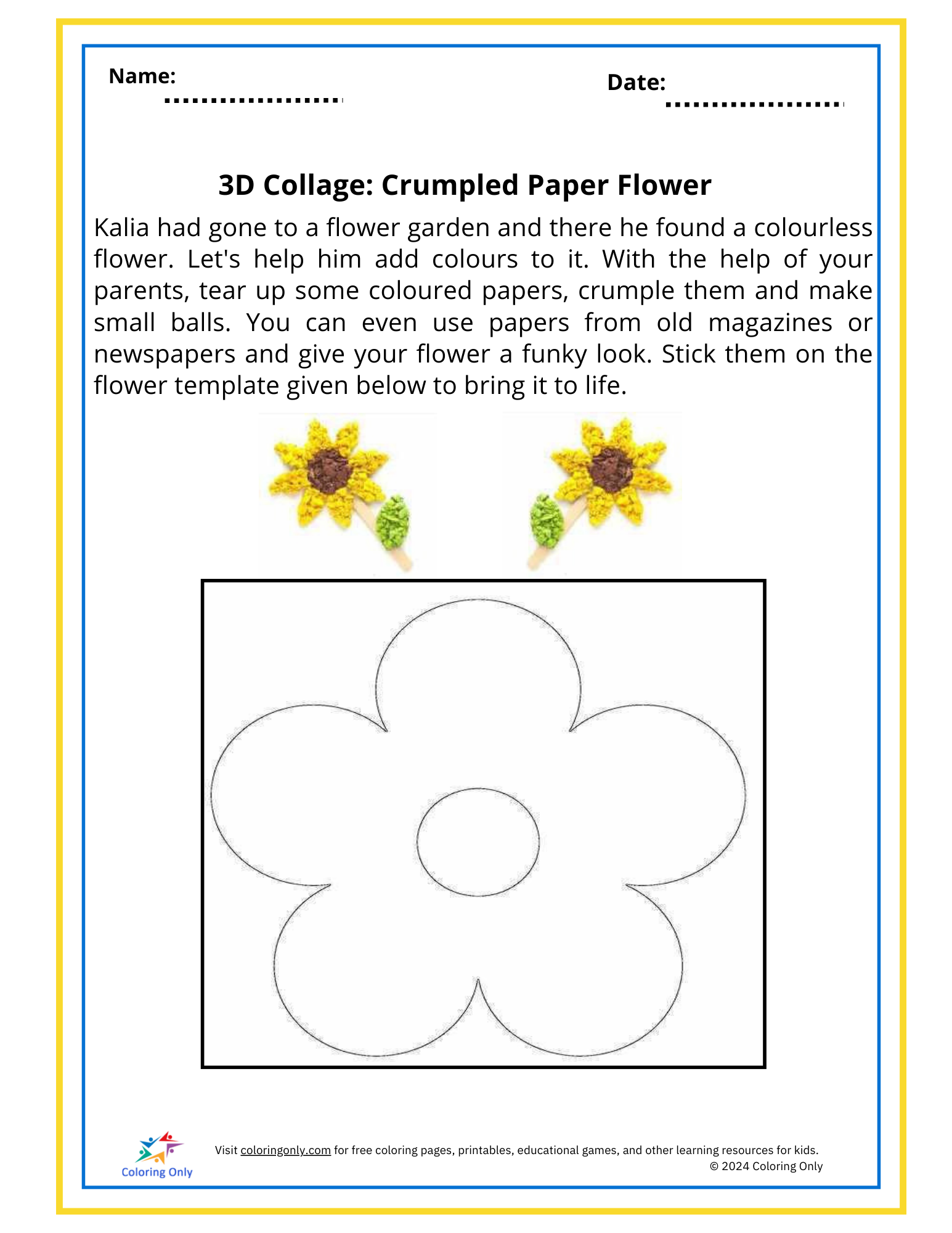 3D Collage: Crumpled Paper Flower Free Printable Worksheet