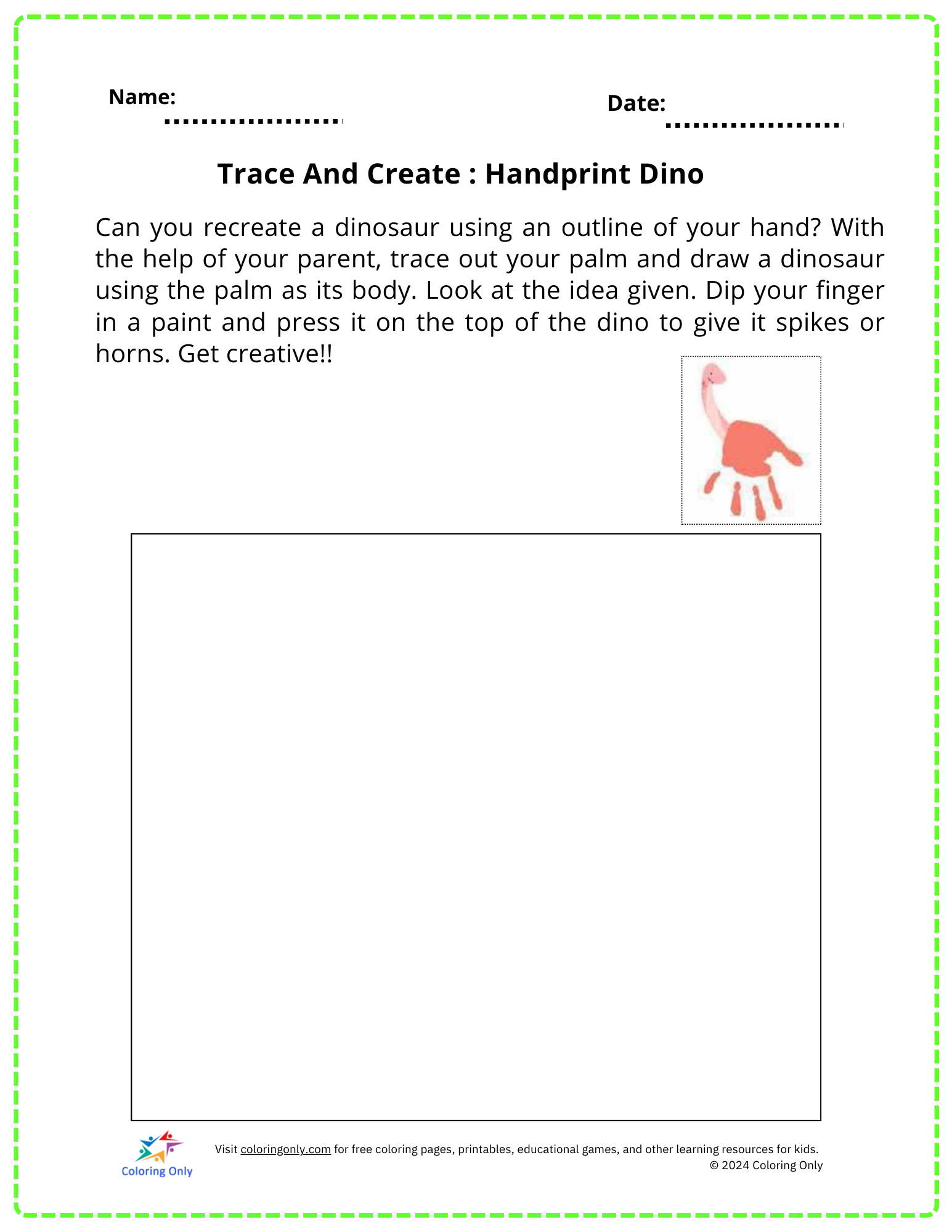 Trace And Create : Handprint Dino Free Printable Worksheet