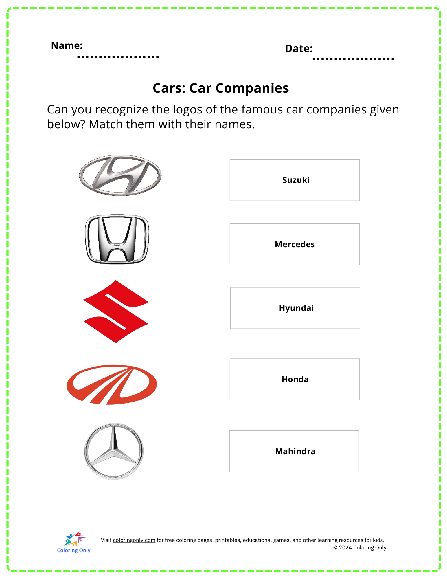 Cars: Car Companies Free Printable Worksheet