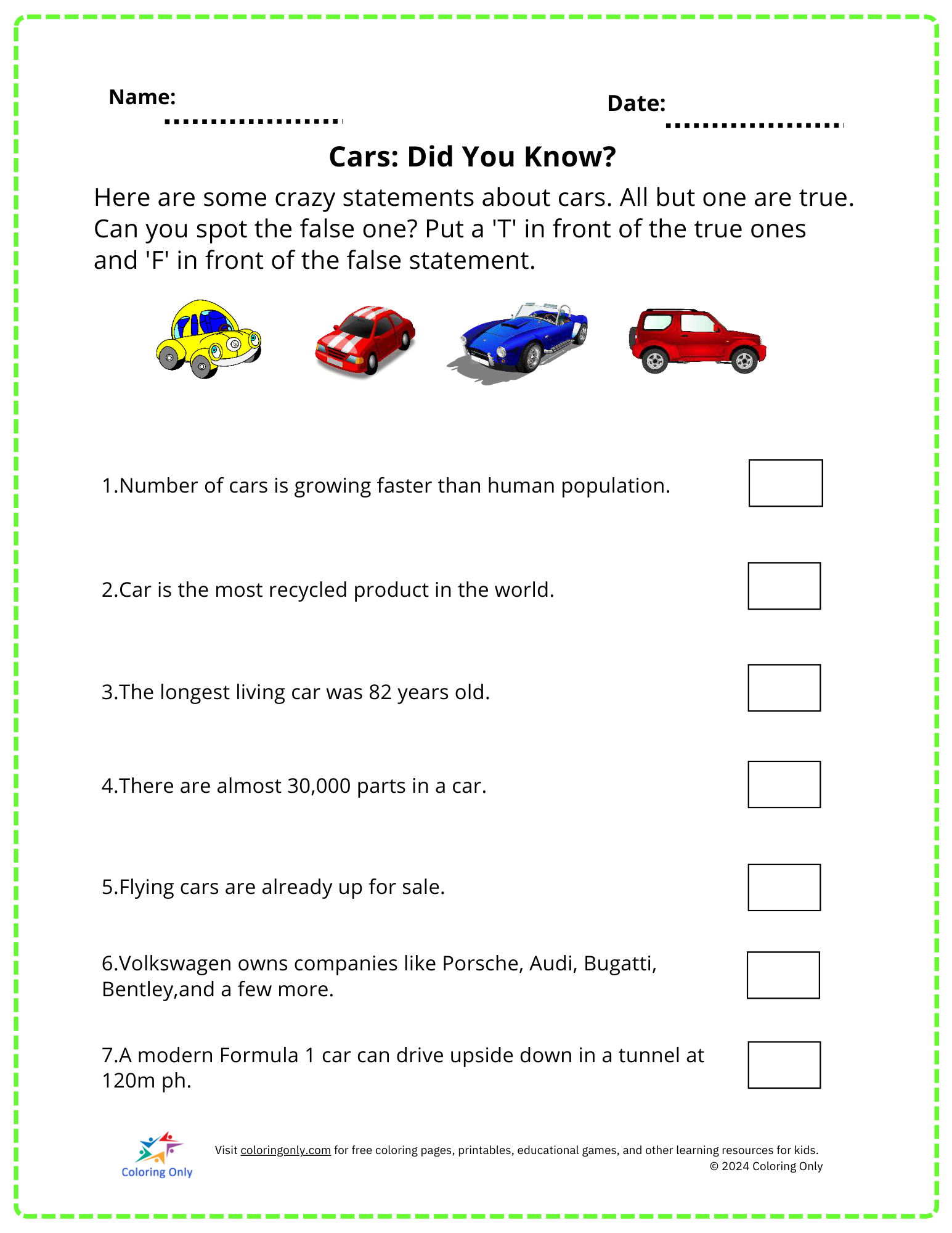 Cars: Did You Know? Free Printable Worksheet