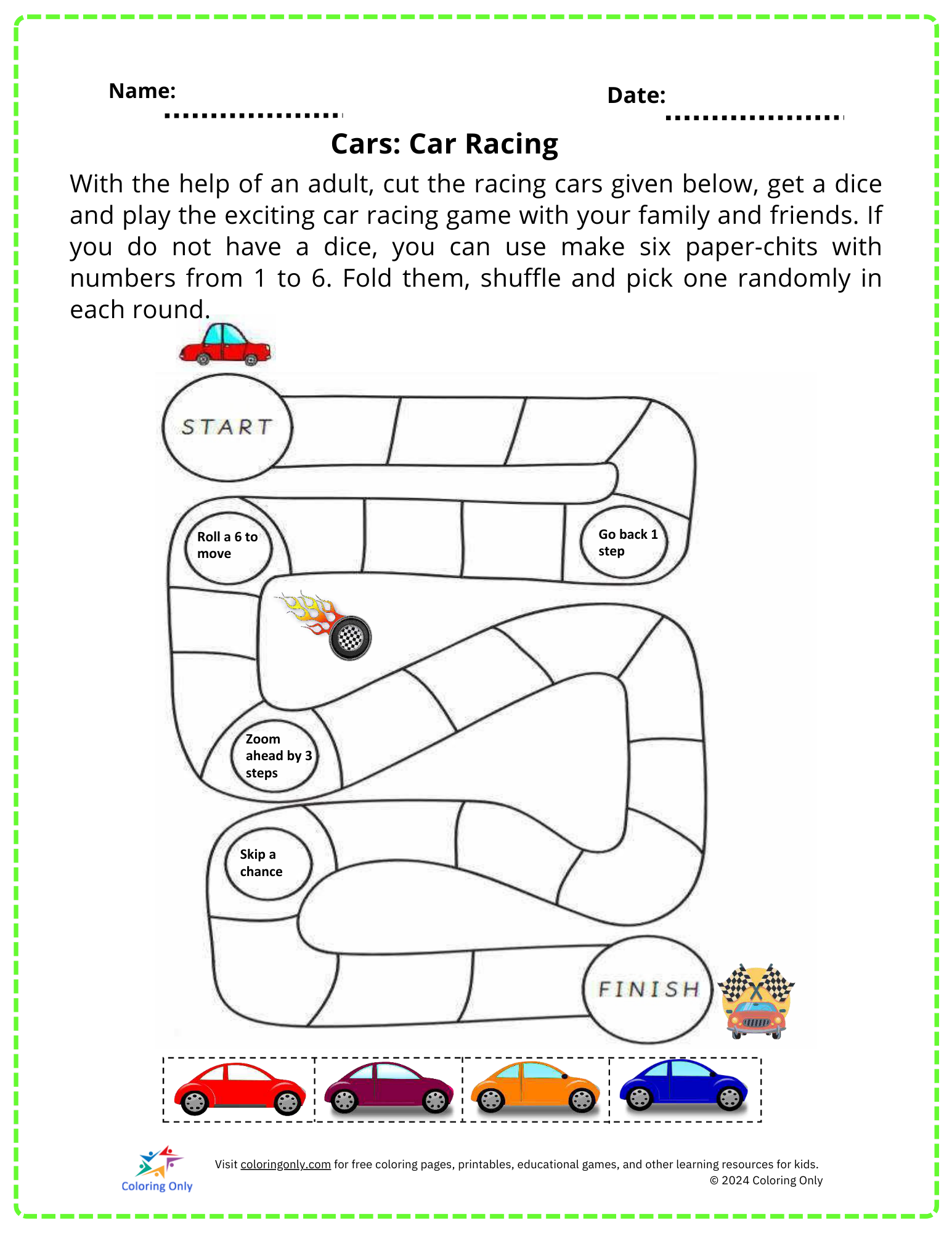 Cars: Car Racing Free Printable Worksheet