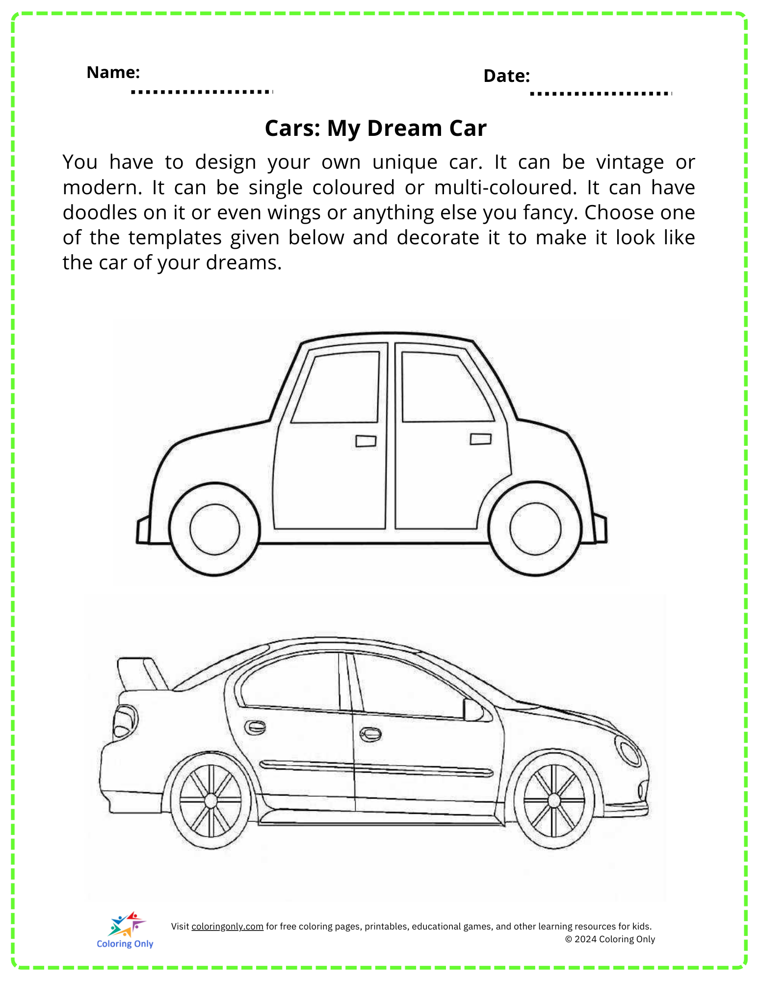 Cars: My Dream Car Free Printable Worksheet