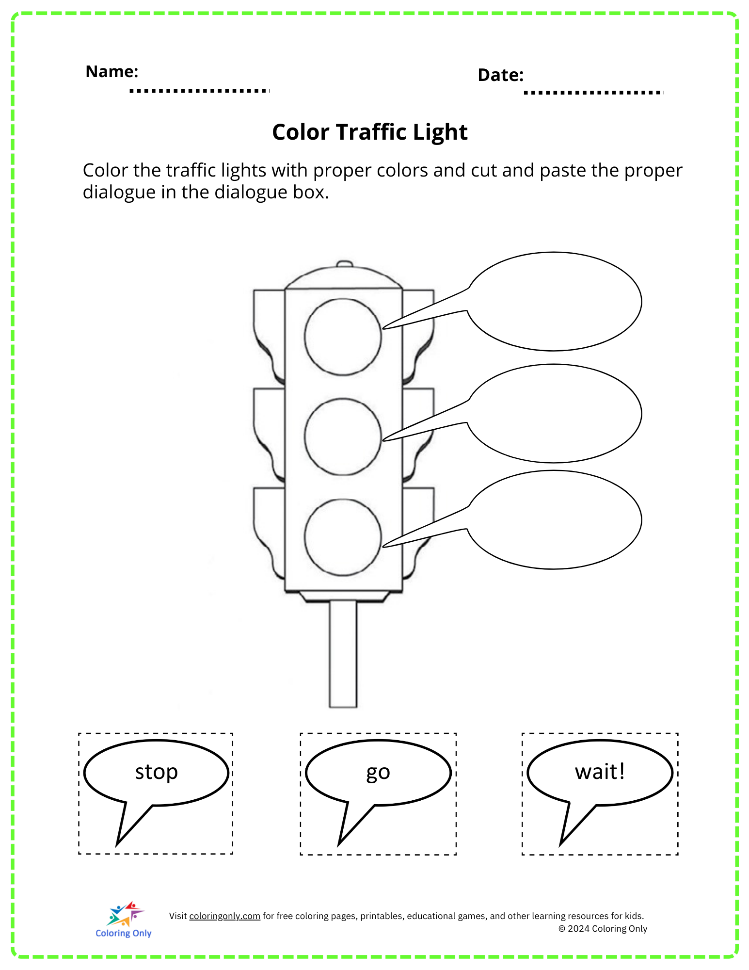 Color Traffic Light Free Printable Worksheet