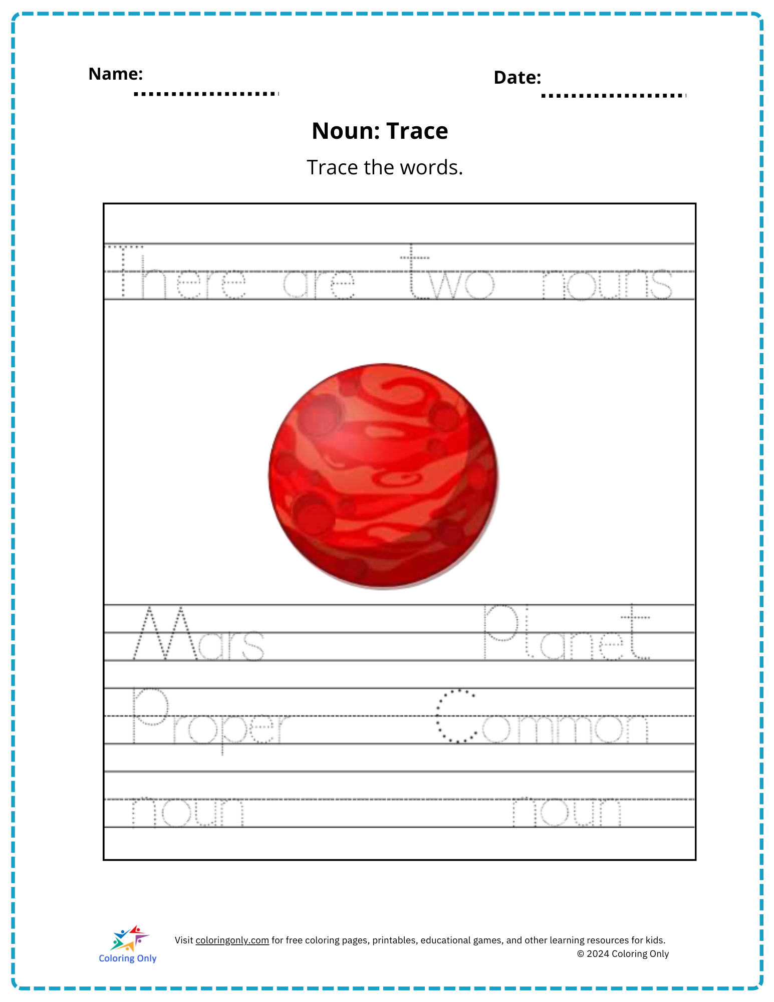 Noun: Trace Free Printable Worksheet