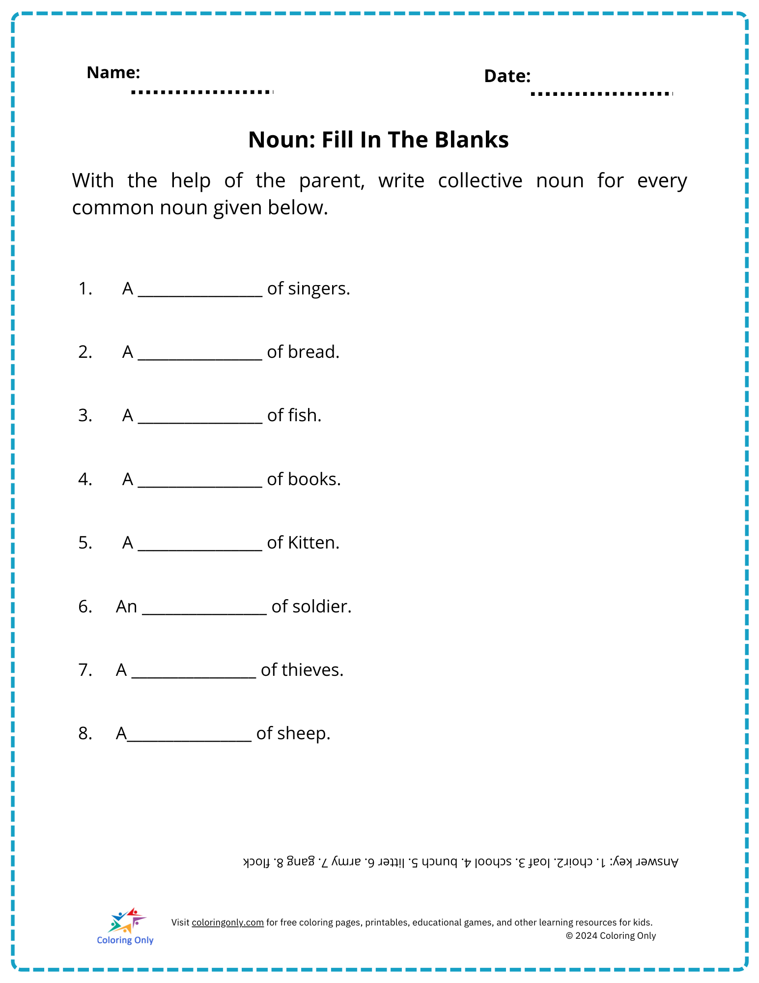 Noun: Fill In The Blanks Free Printable Worksheet