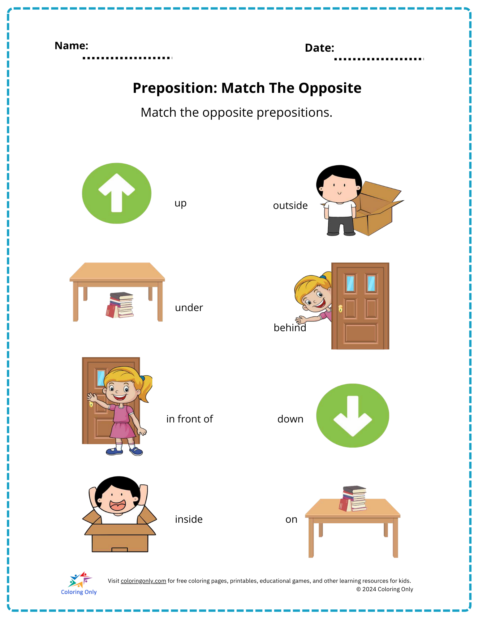 Preposition: Match The Opposite Free Printable Worksheet