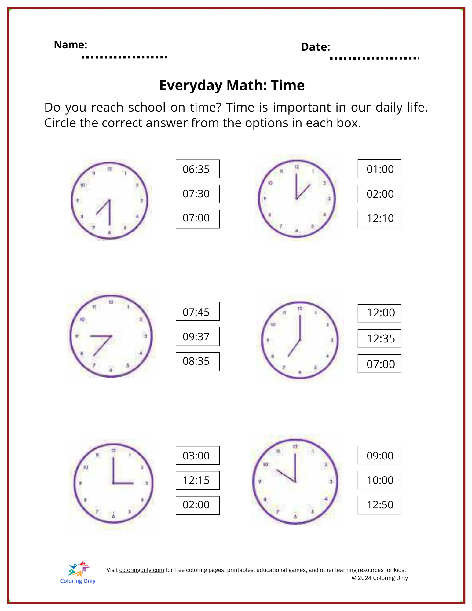 Everyday Math: Time Free Printable Worksheet