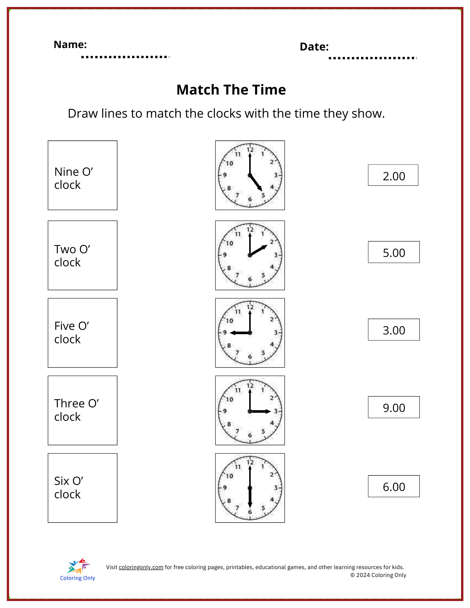 Match The Time Free Printable Worksheet