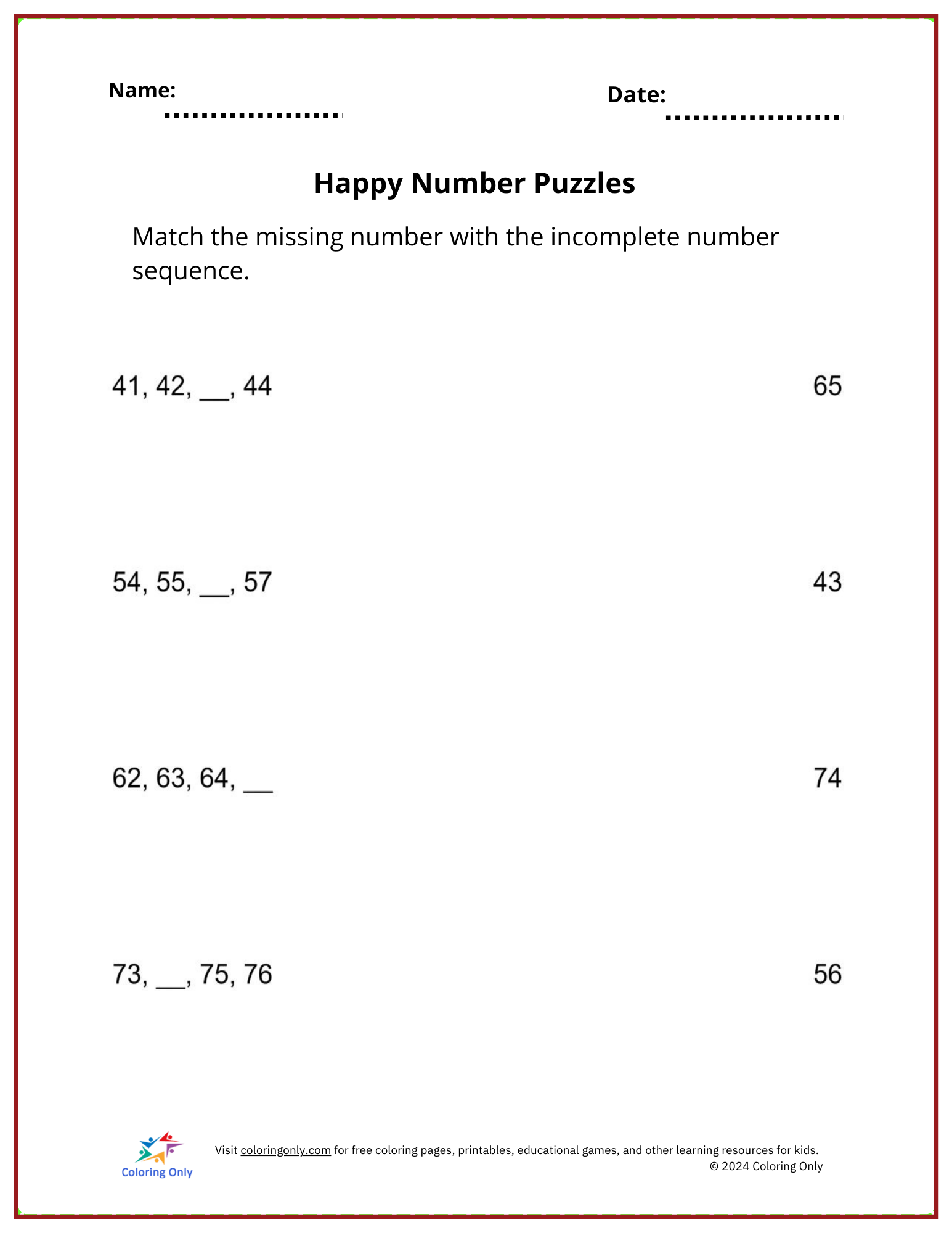 Happy Number Puzzles Free Printable Worksheet